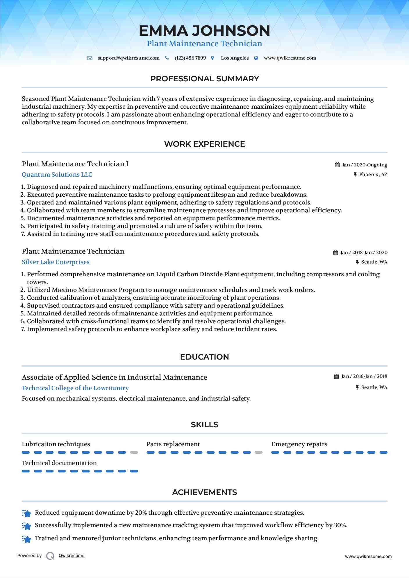 Plant Maintenance Technician I Resume Model