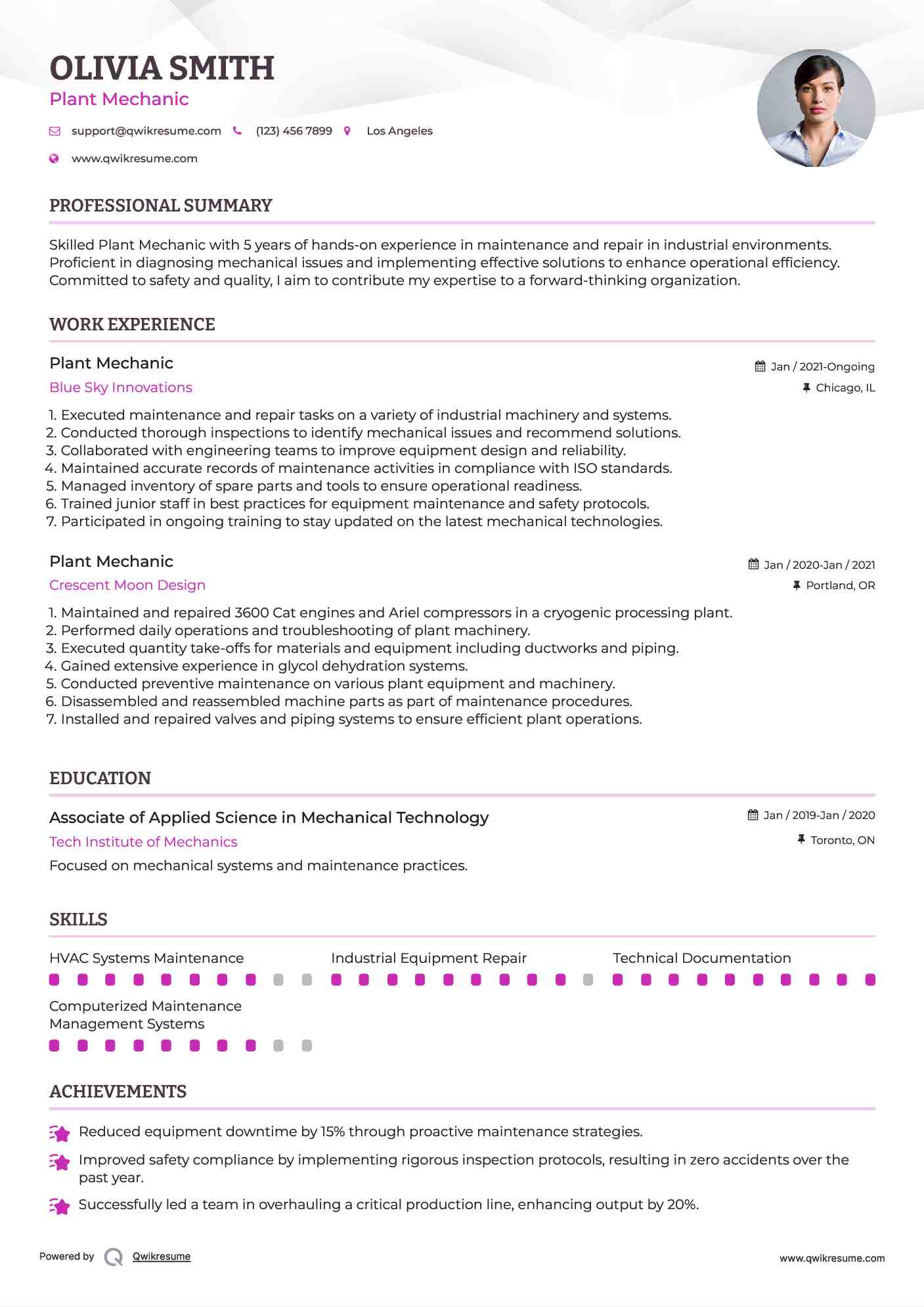 Plant Mechanic Resume Sample