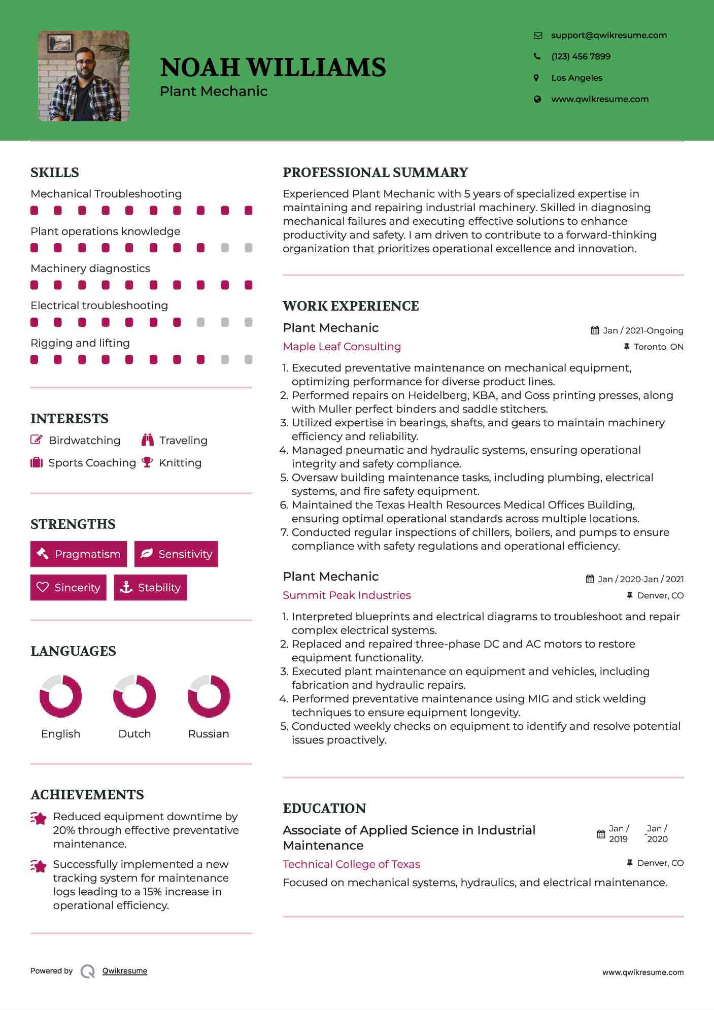 Plant Mechanic Resume Sample