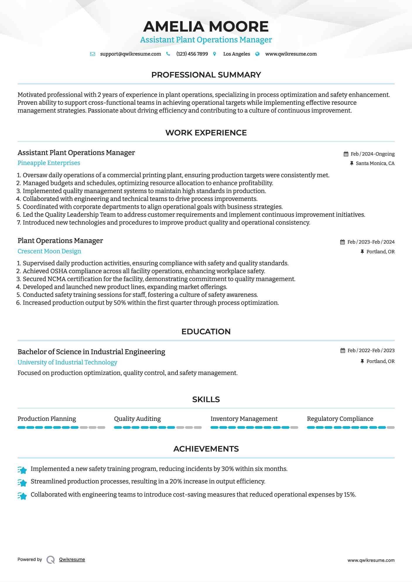 Assistant Plant Operations Manager Resume Format