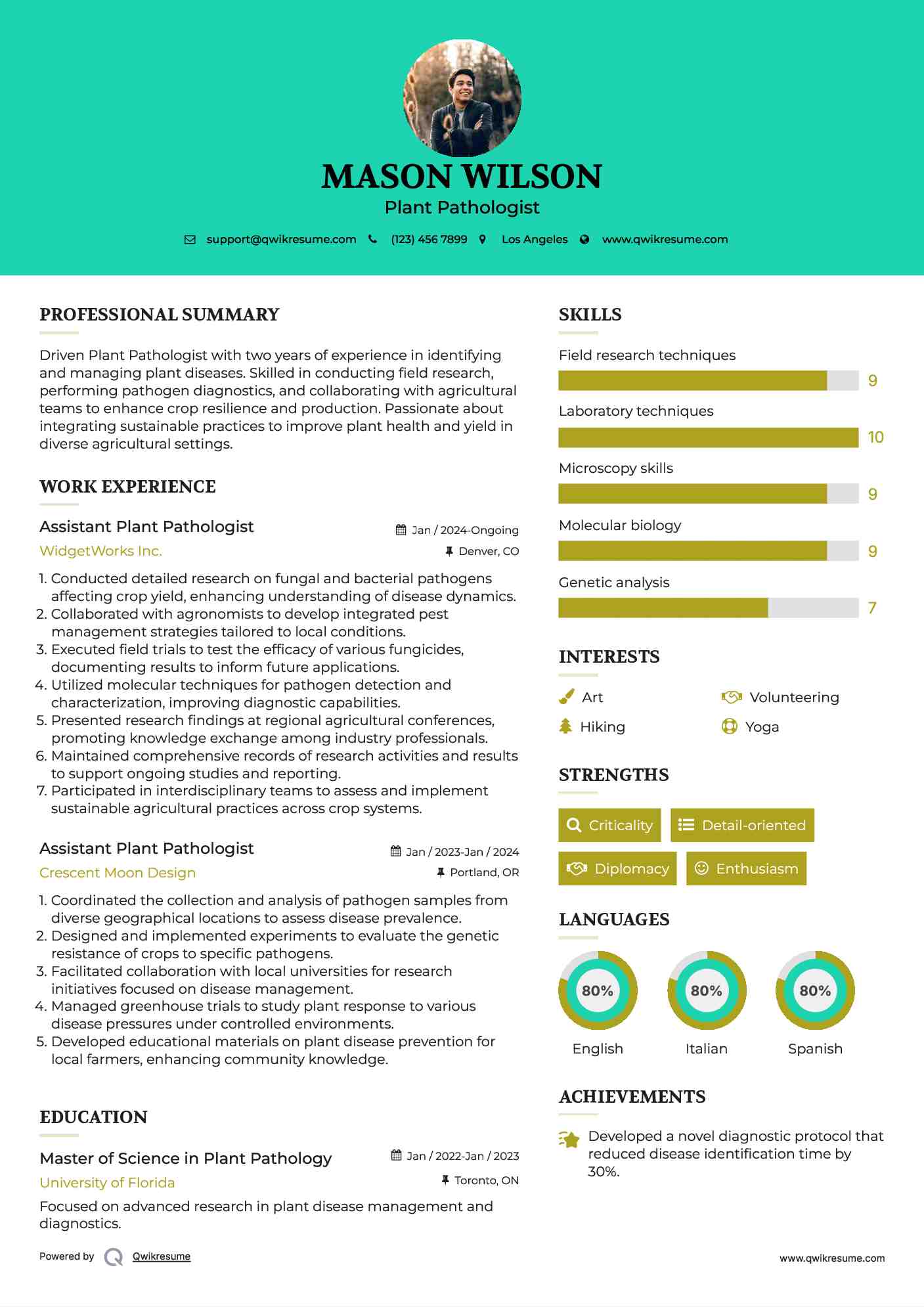 Assistant Plant Pathologist Resume Sample