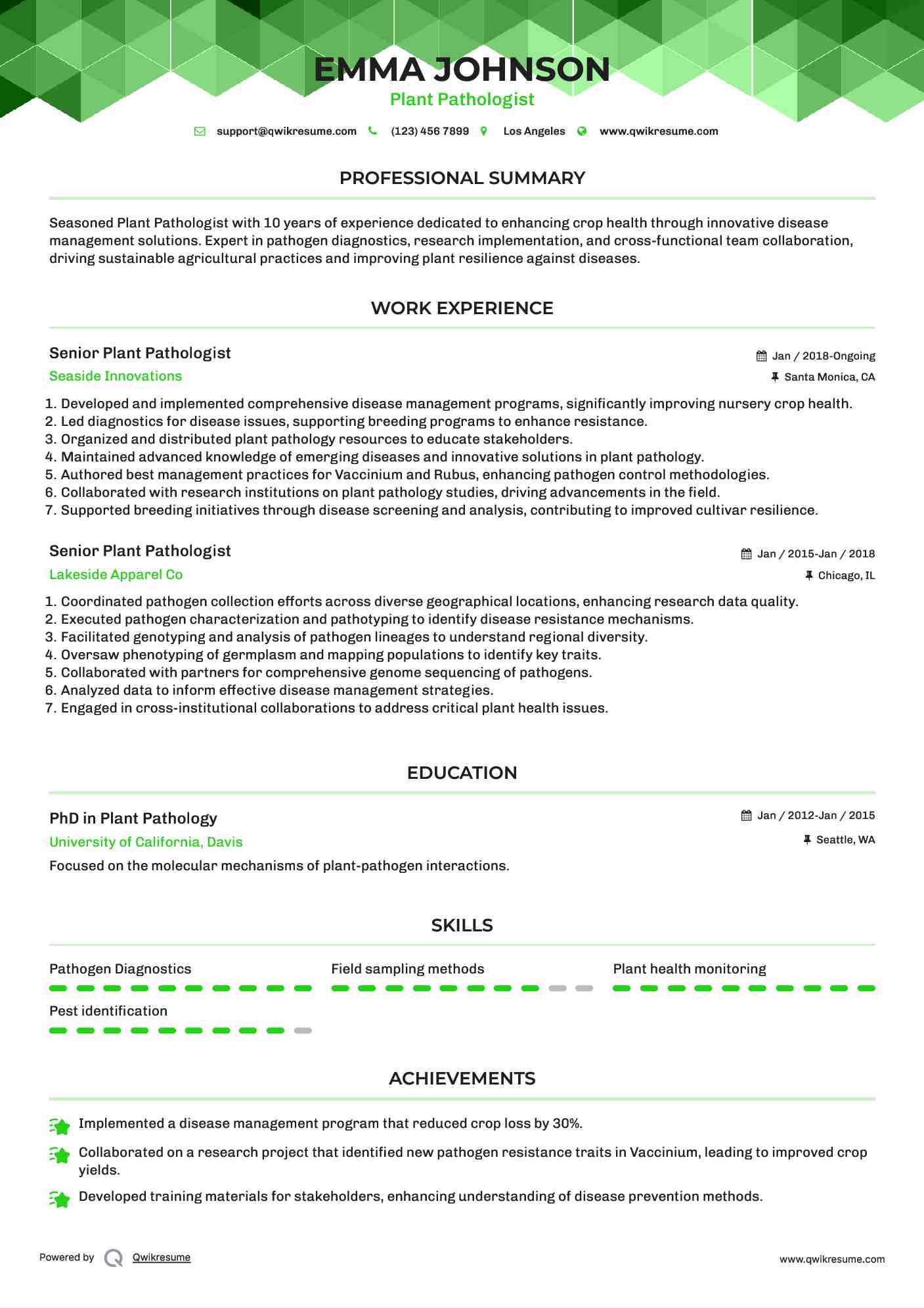 Senior Plant Pathologist  Resume Format