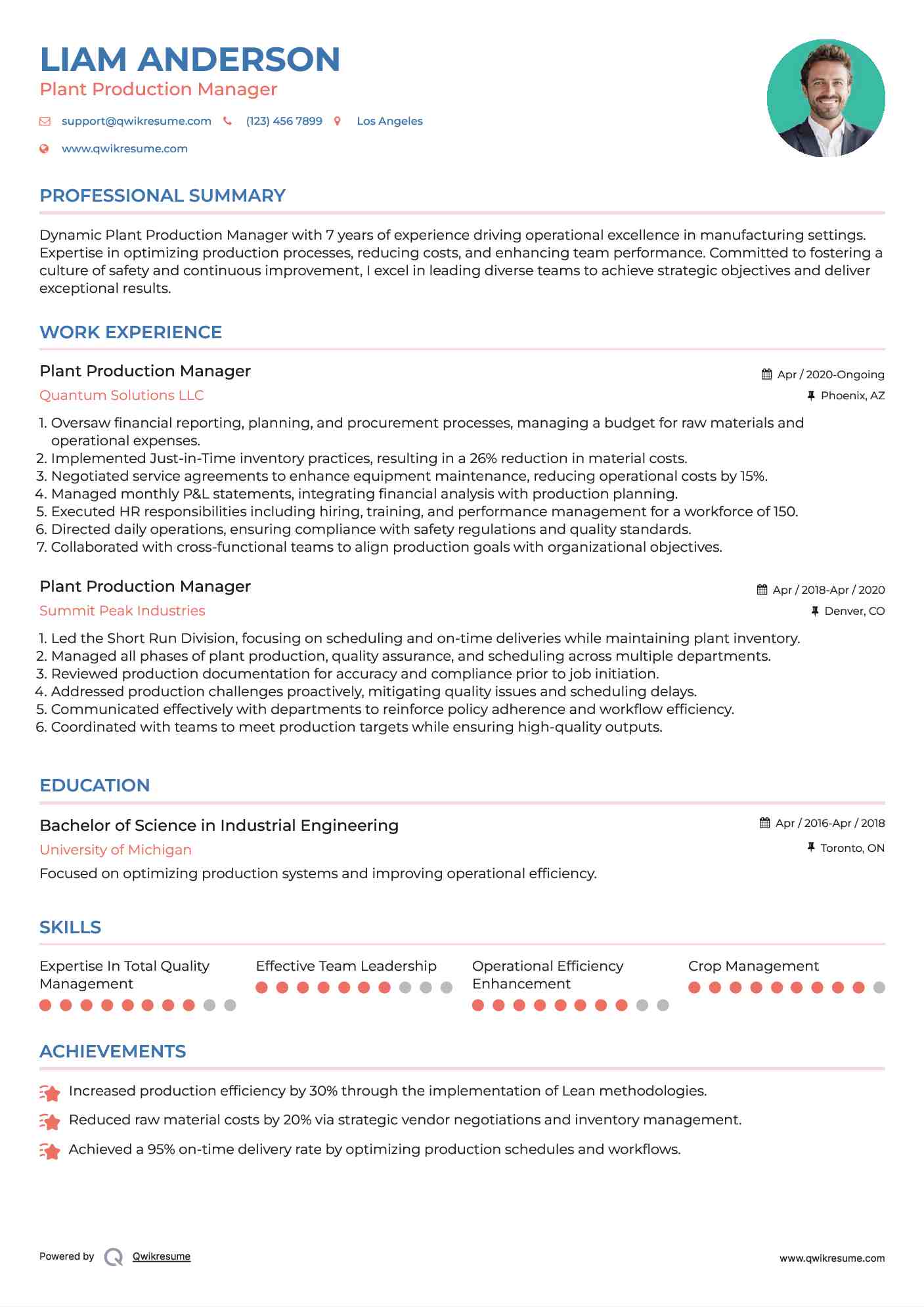 Plant Production Manager Resume Model