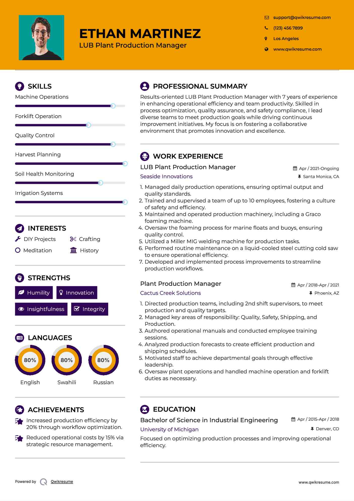 LUB Plant Production Manager Resume Format