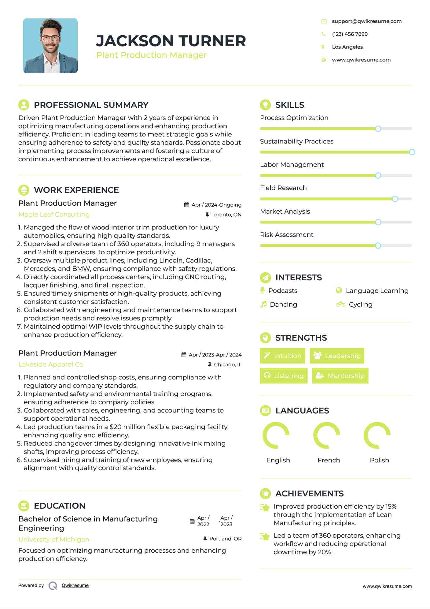 Plant Production Manager Resume Format