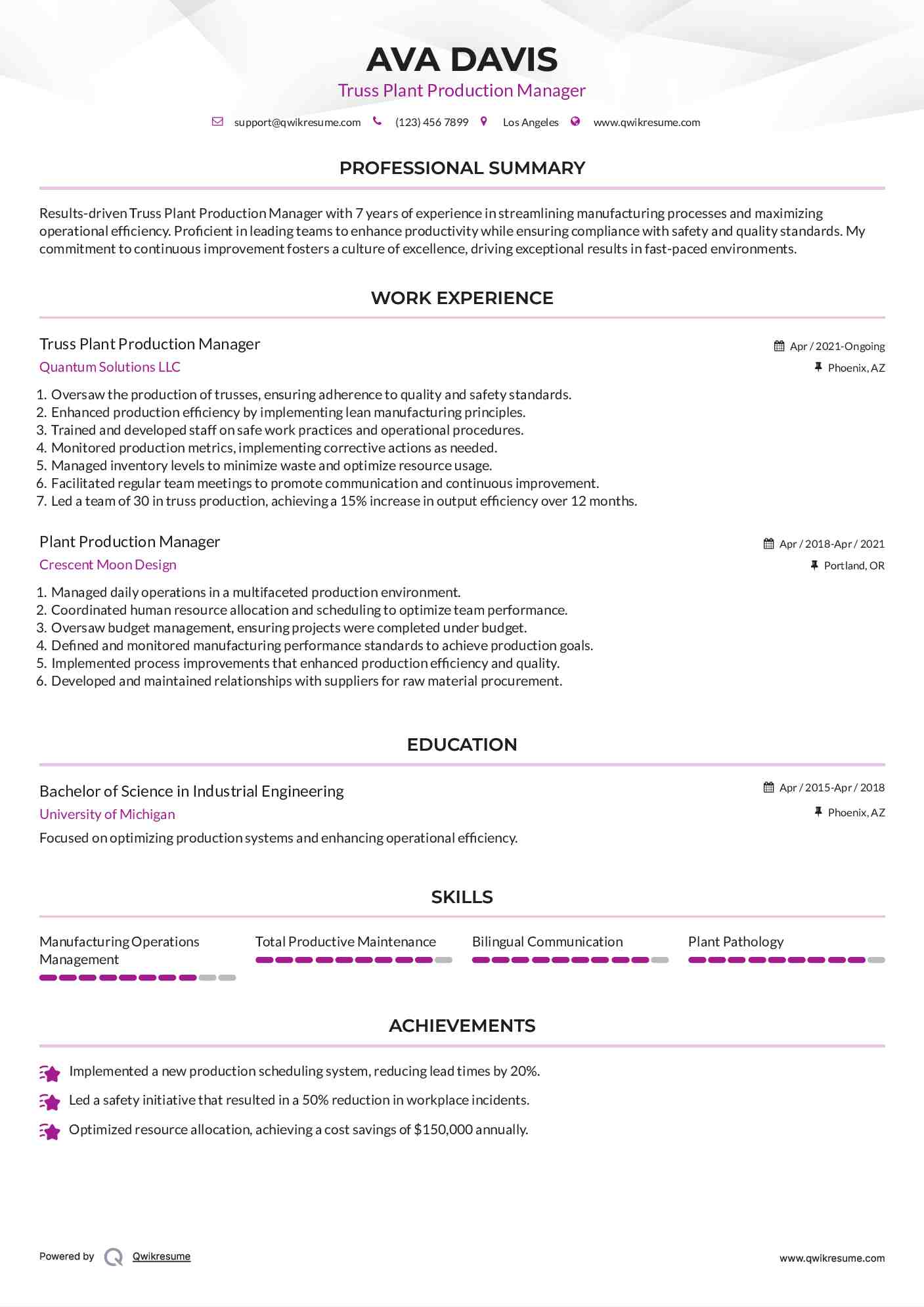 Truss Plant Production Manager Resume Format