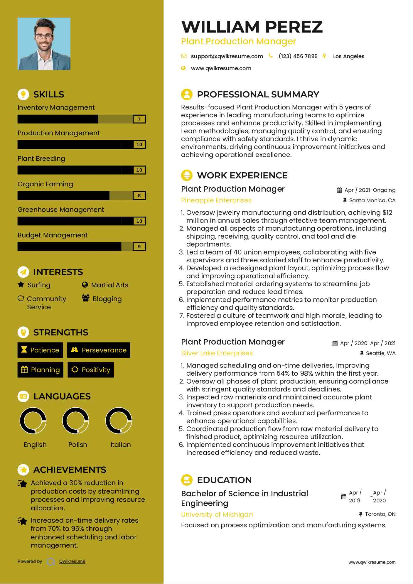 Plant Production Manager Resume Example
