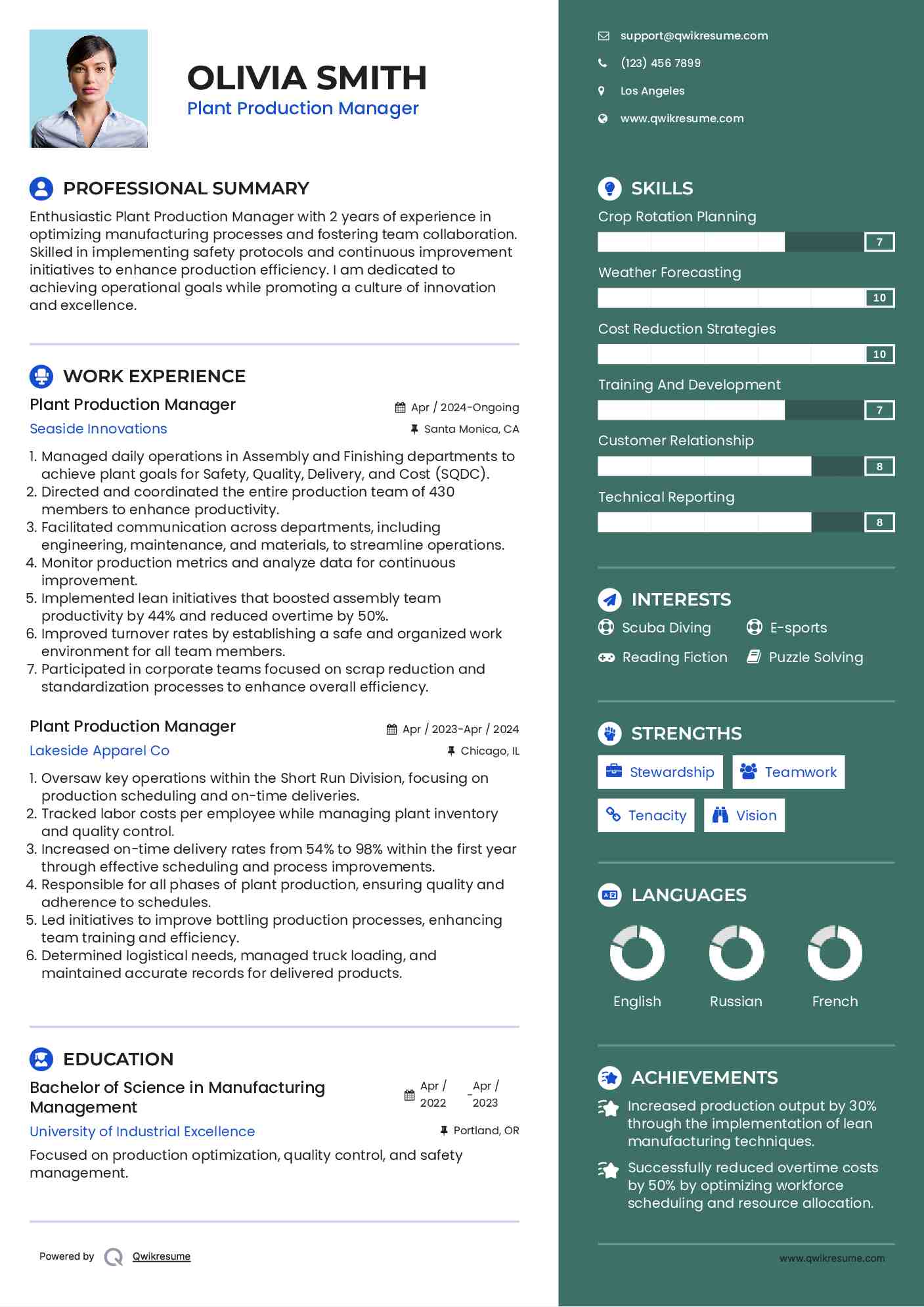 Plant Production Manager Resume Sample