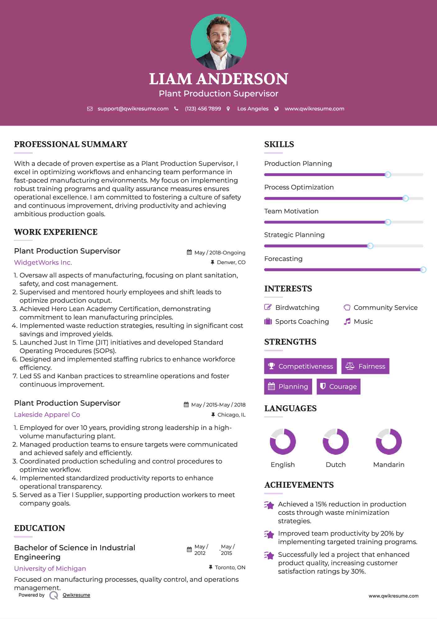 Plant Production Supervisor Resume Sample