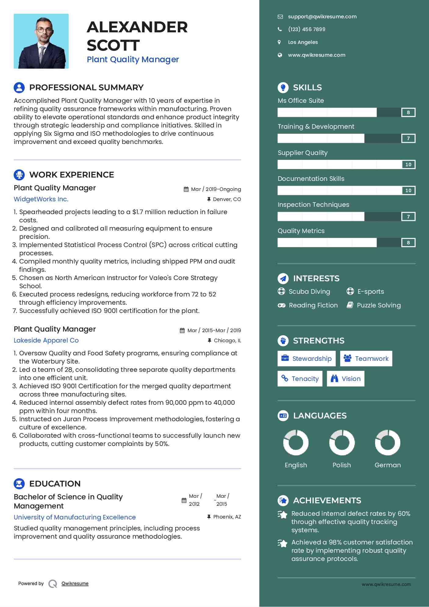 Plant Quality Manager Resume Sample