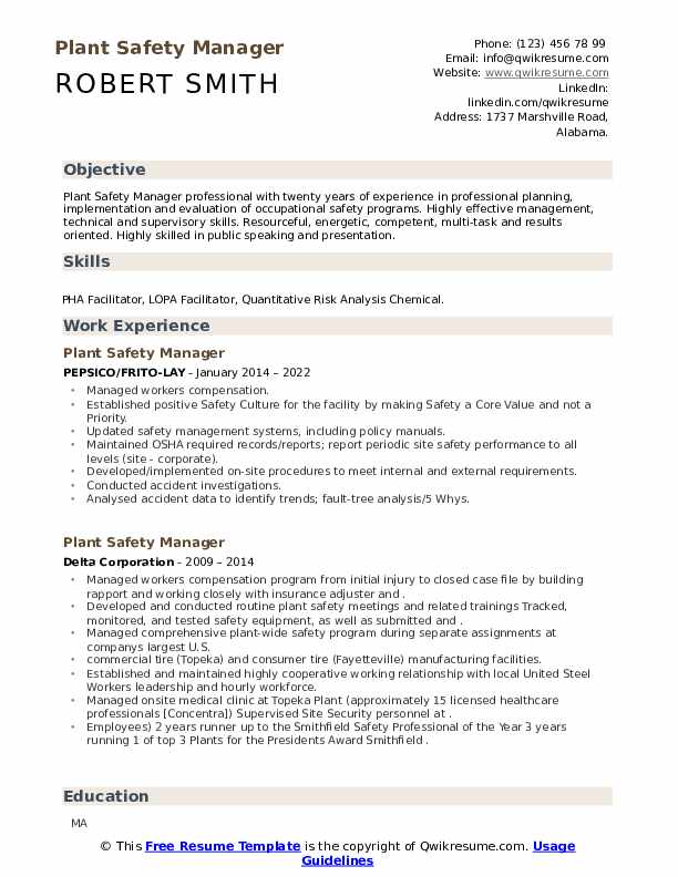 Plant Safety Manager Resume Samples QwikResume