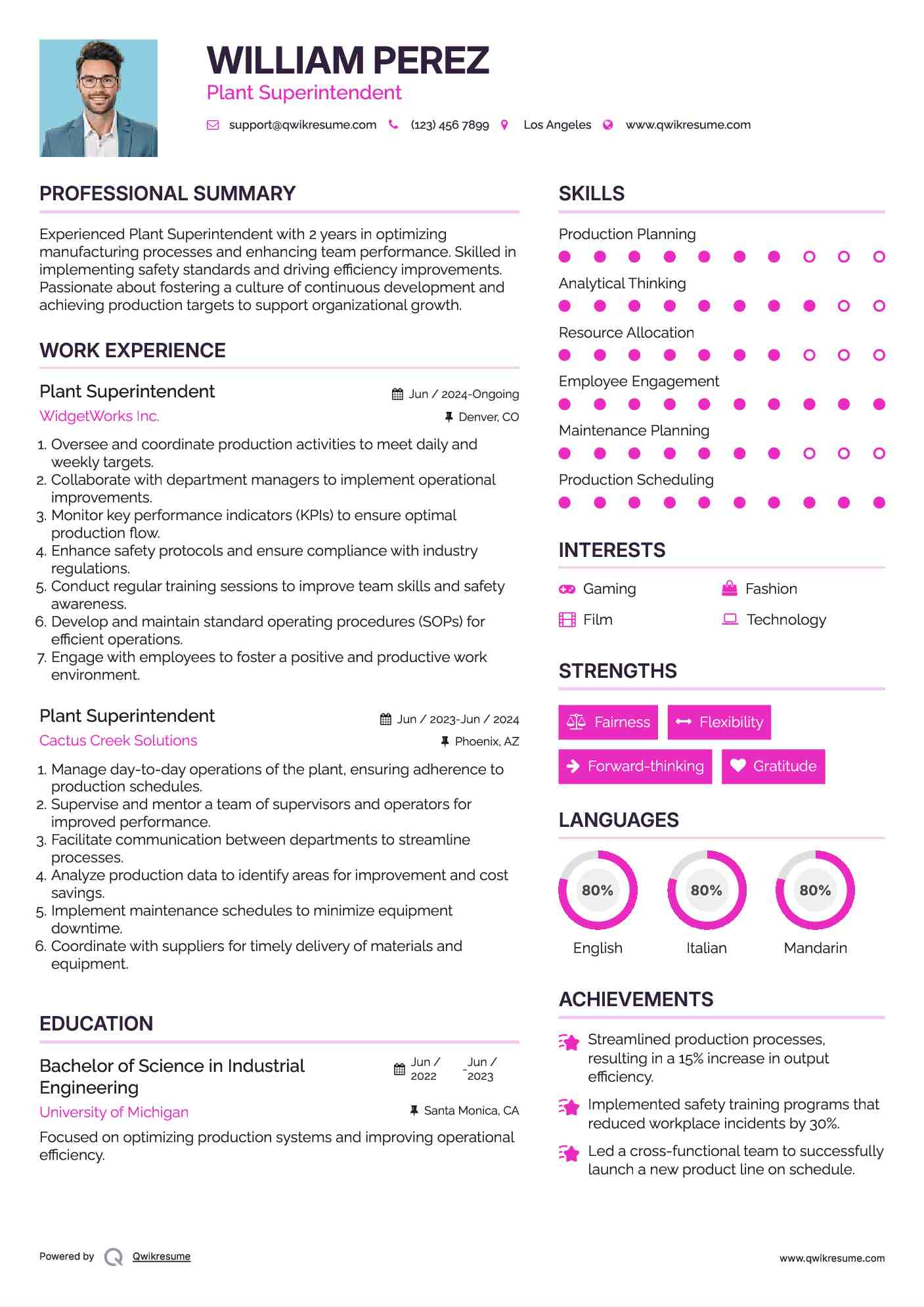 Plant Superintendent Resume Example
