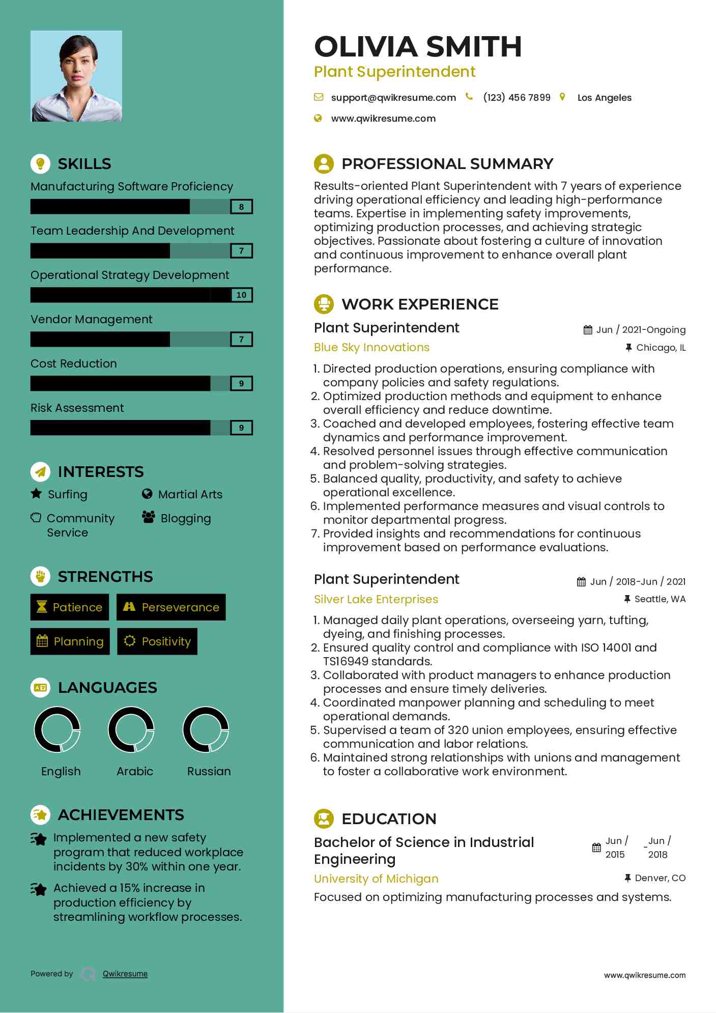 Plant Superintendent Resume Sample