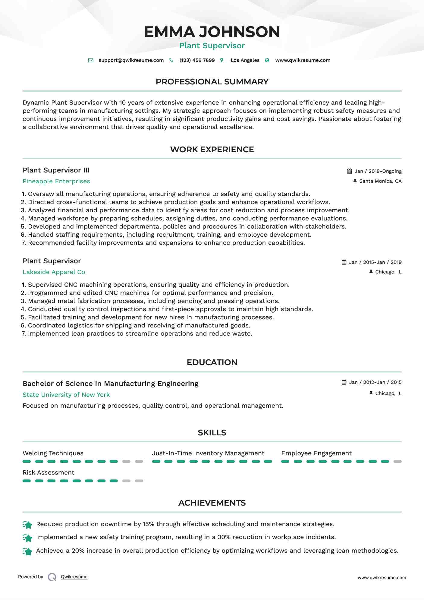 Plant Supervisor III Resume Format