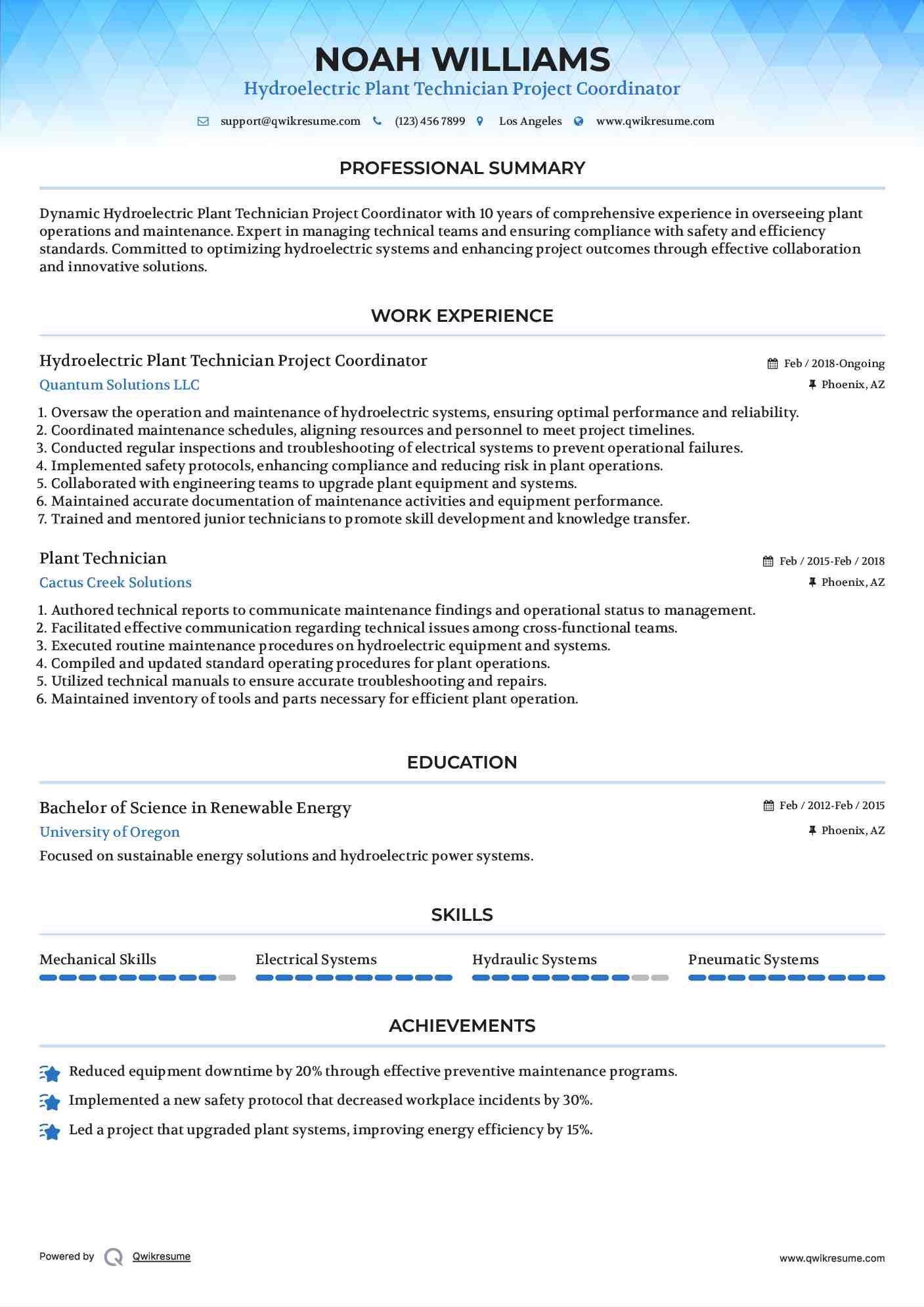 Hydroelectric Plant Technician Project Coordinator Resume Sample