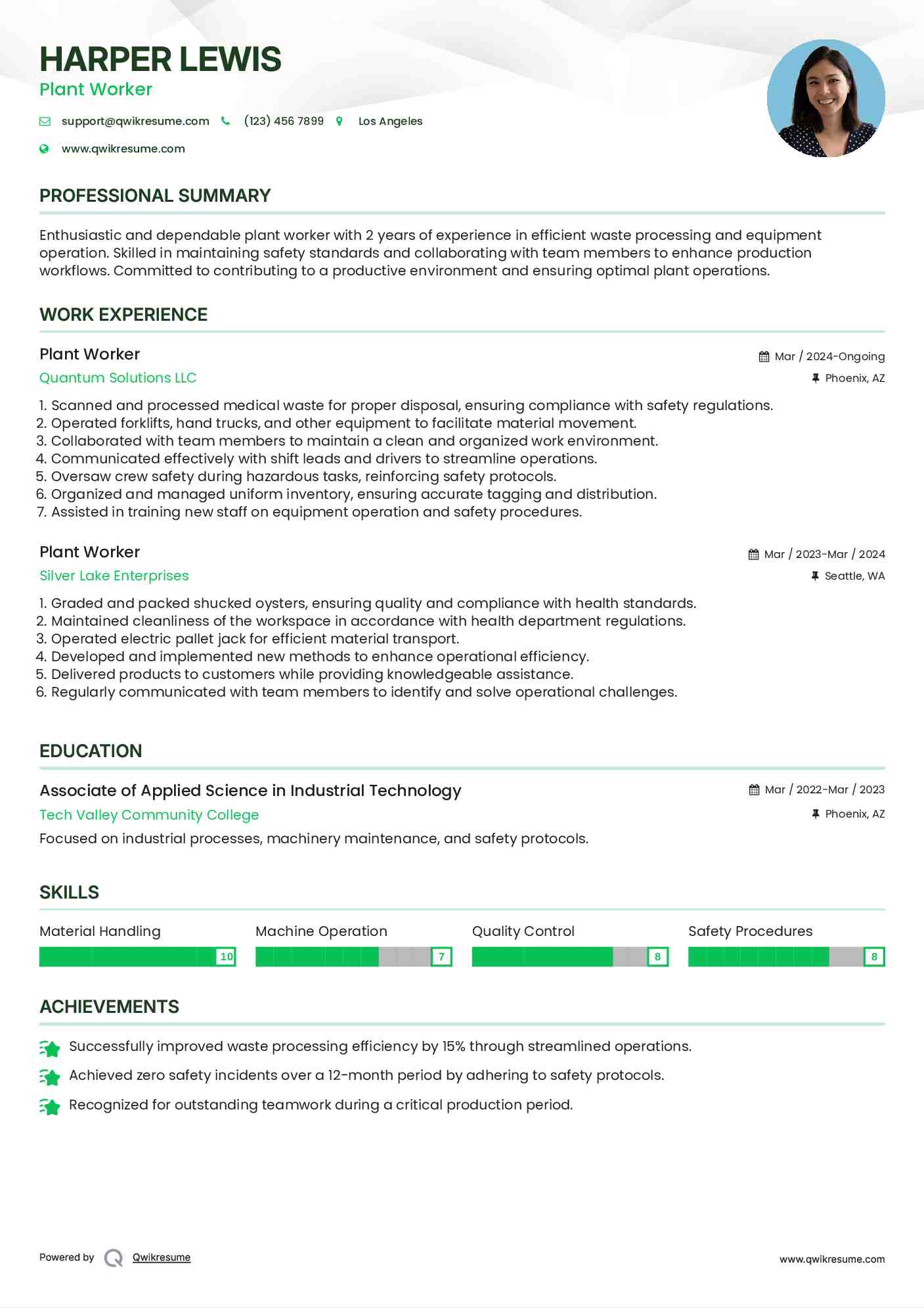 Plant Worker Resume Format