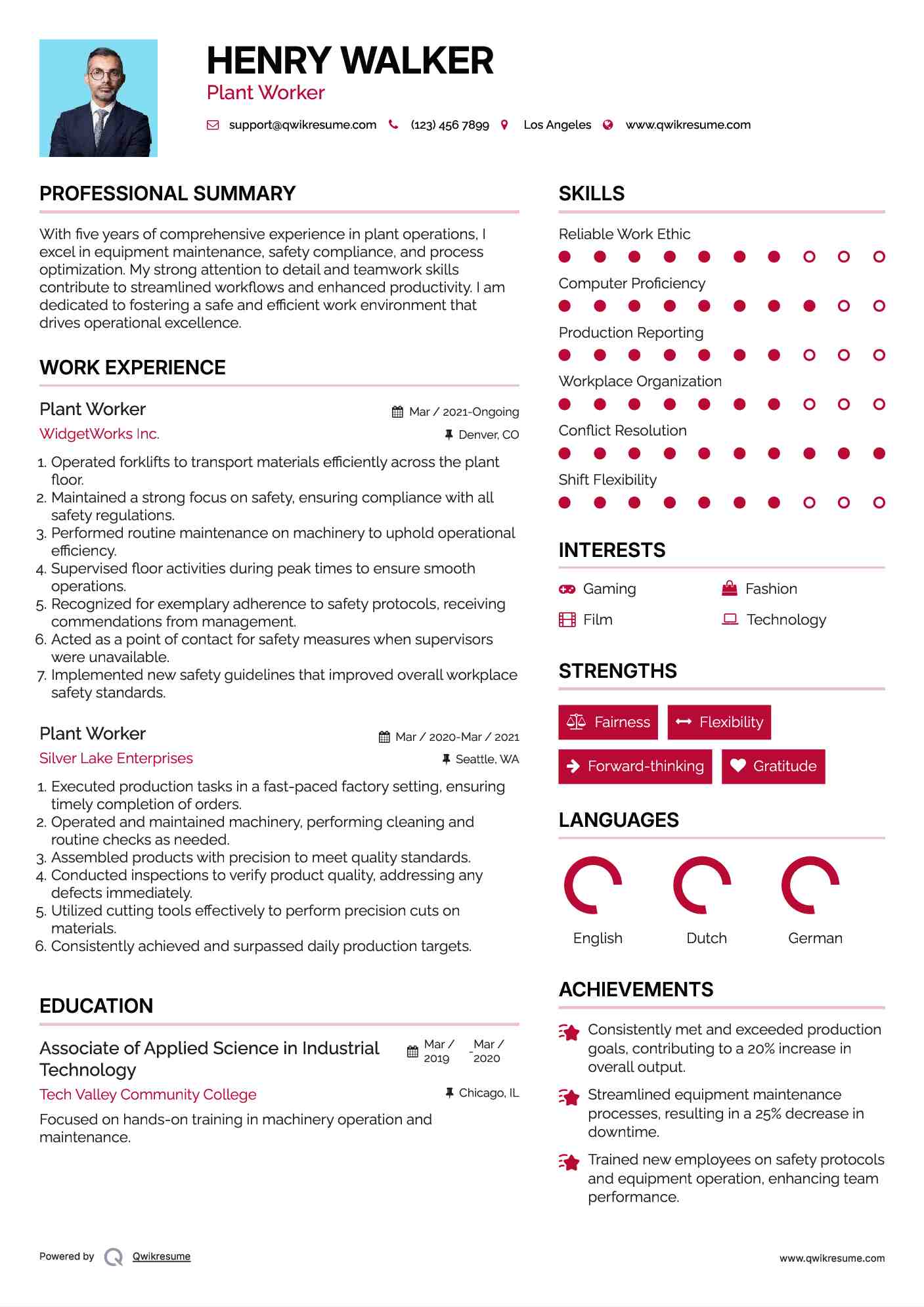 Plant Worker Resume Model