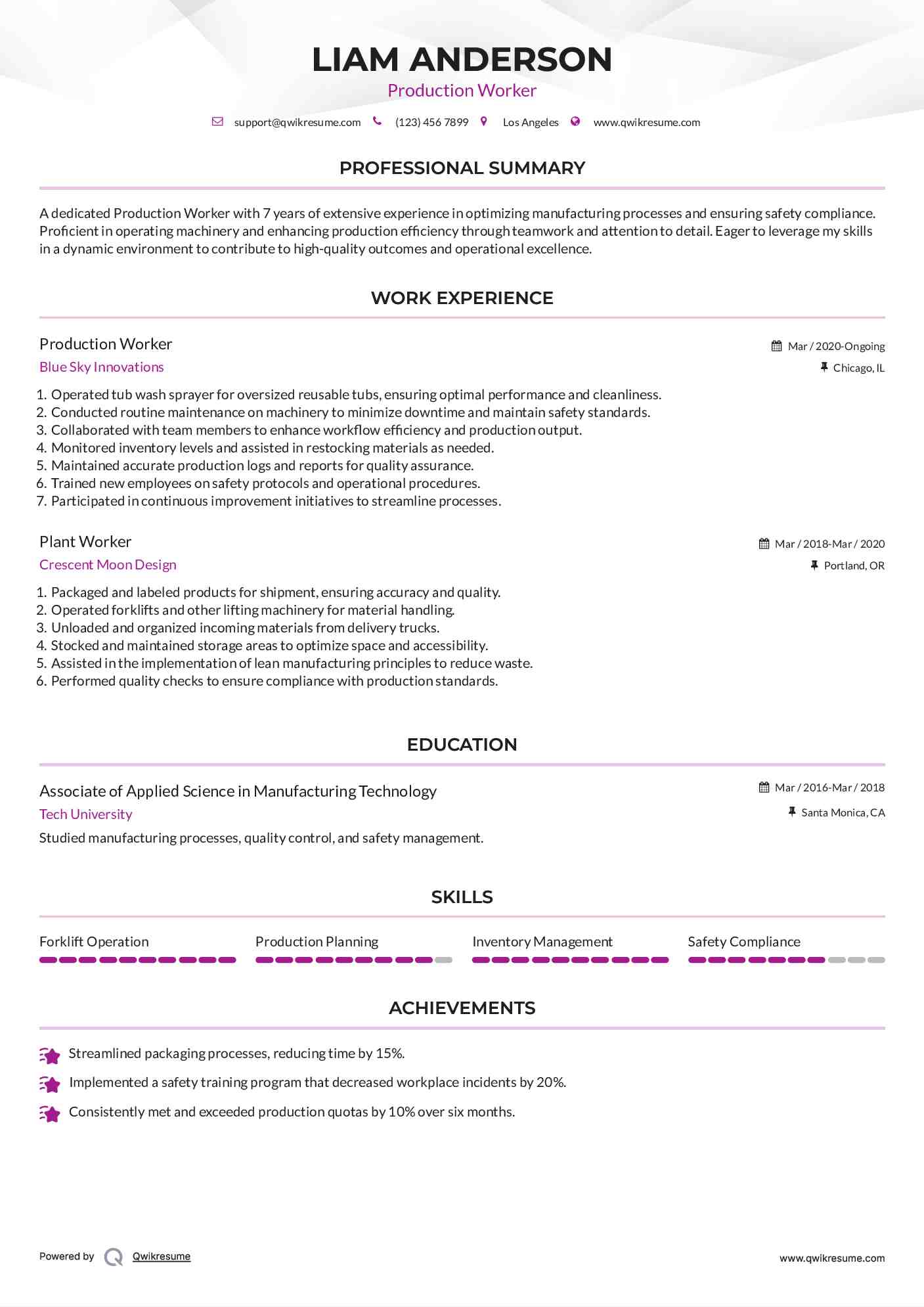 Production Worker Resume Format