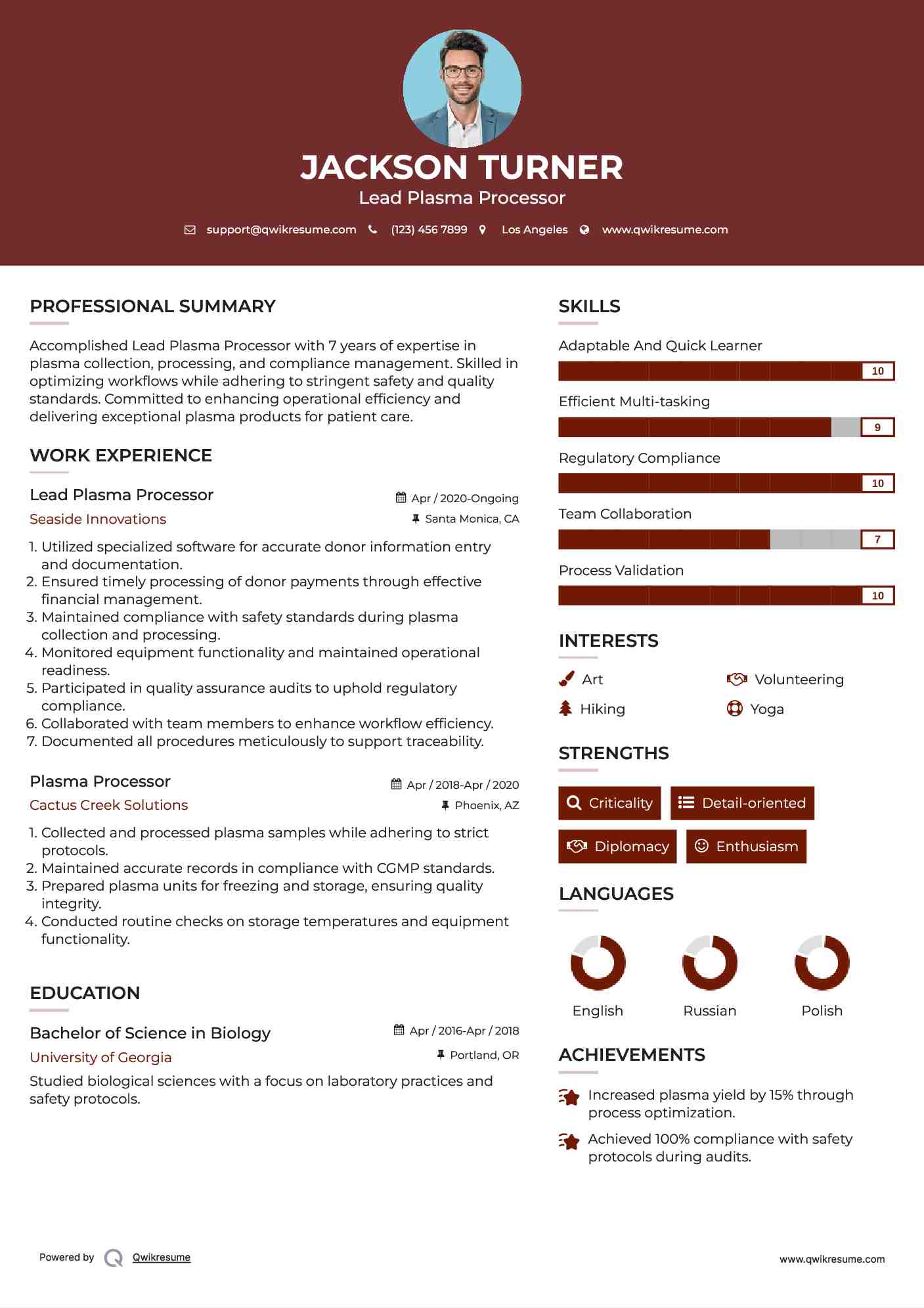 Lead Plasma Processor Resume Model