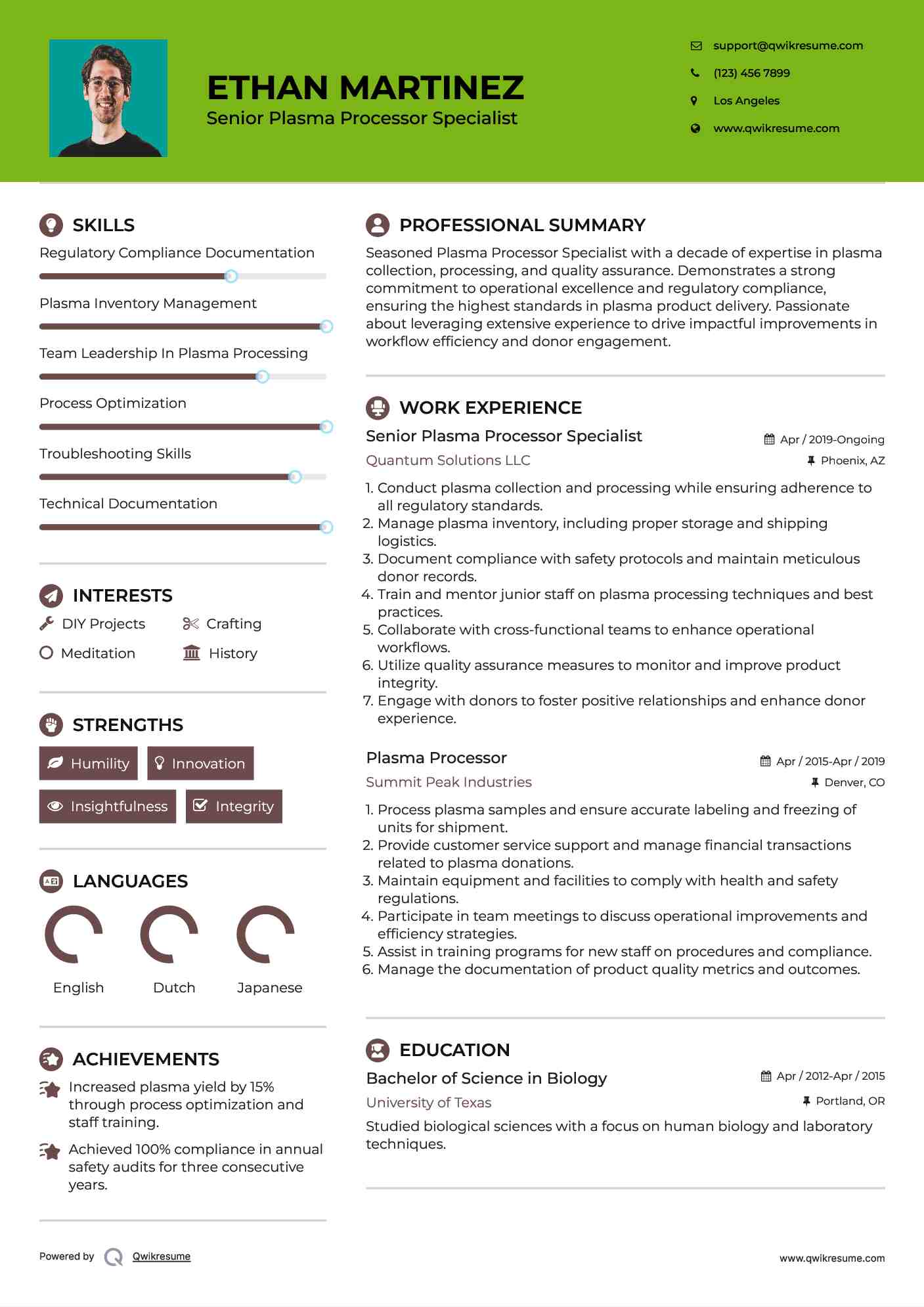 Senior Plasma Processor Specialist Resume Template