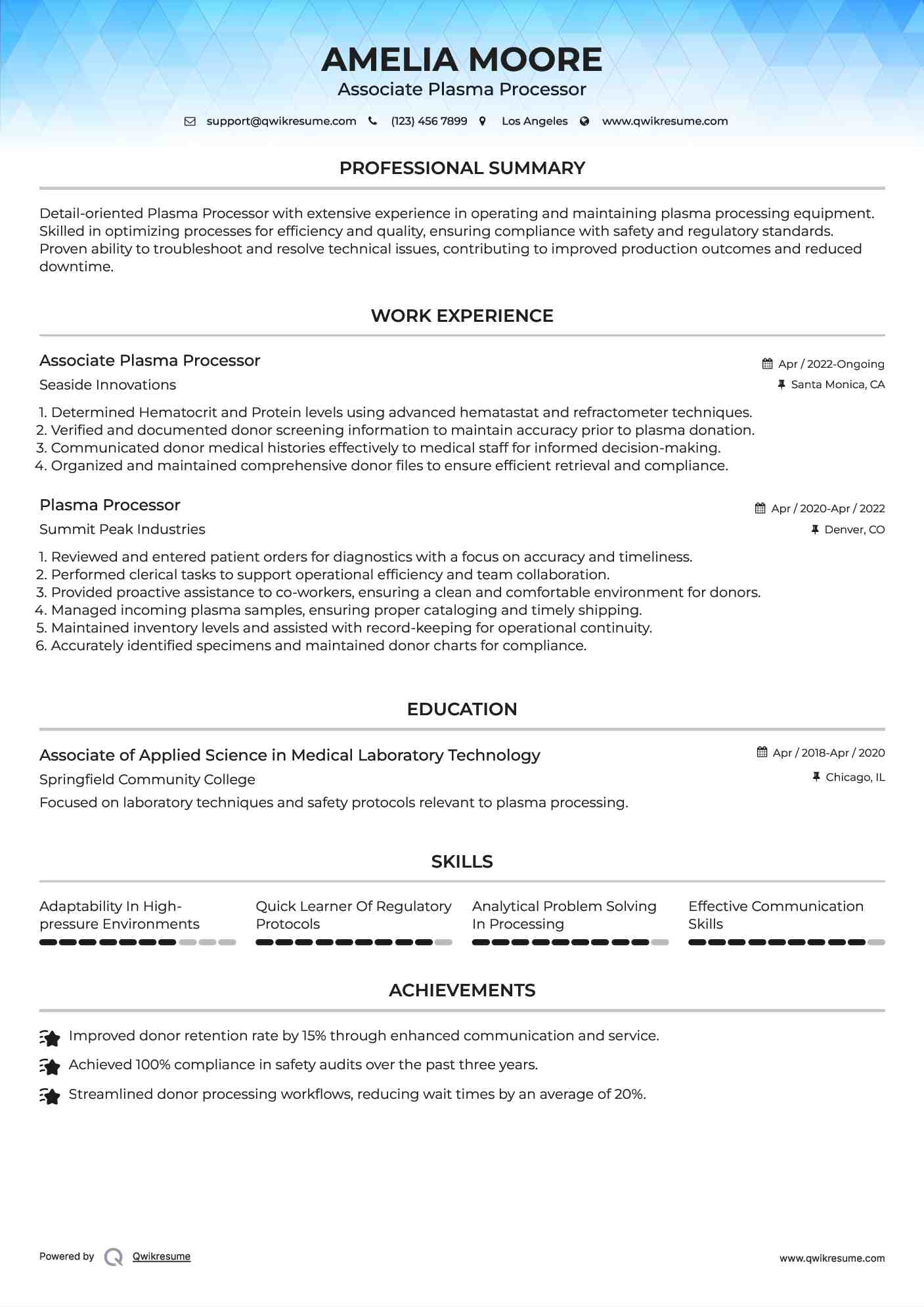 Associate Plasma Processor Resume Model