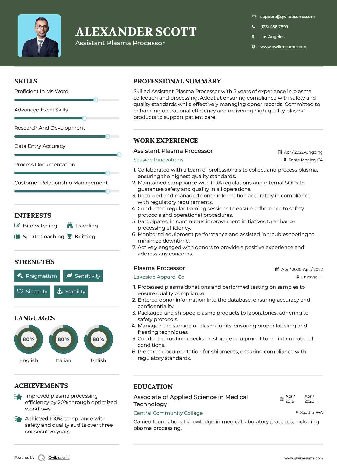 Assistant Plasma Processor Resume Model