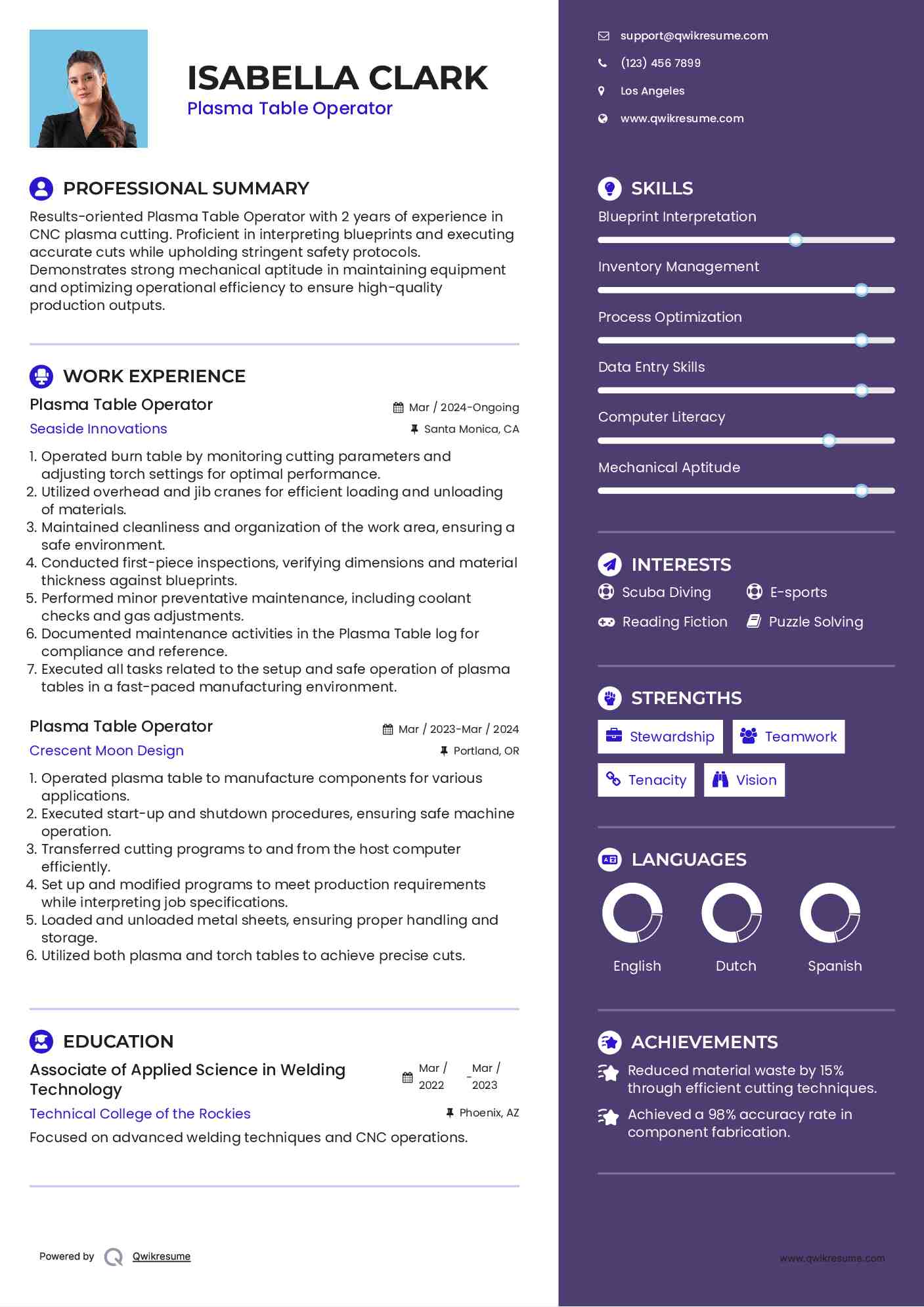 Plasma Table Operator Resume Samples QwikResume