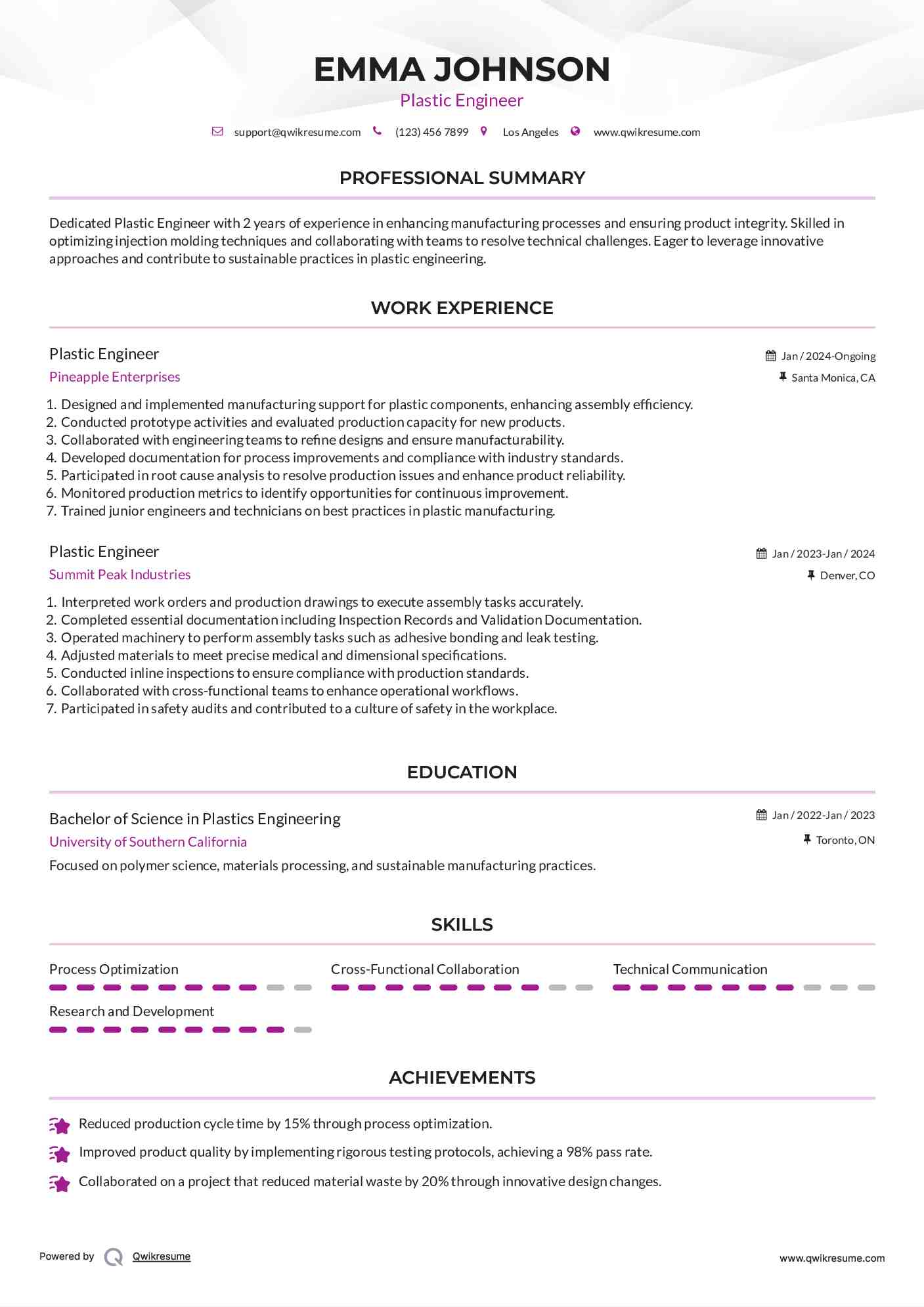 Plastic Engineer Resume Template