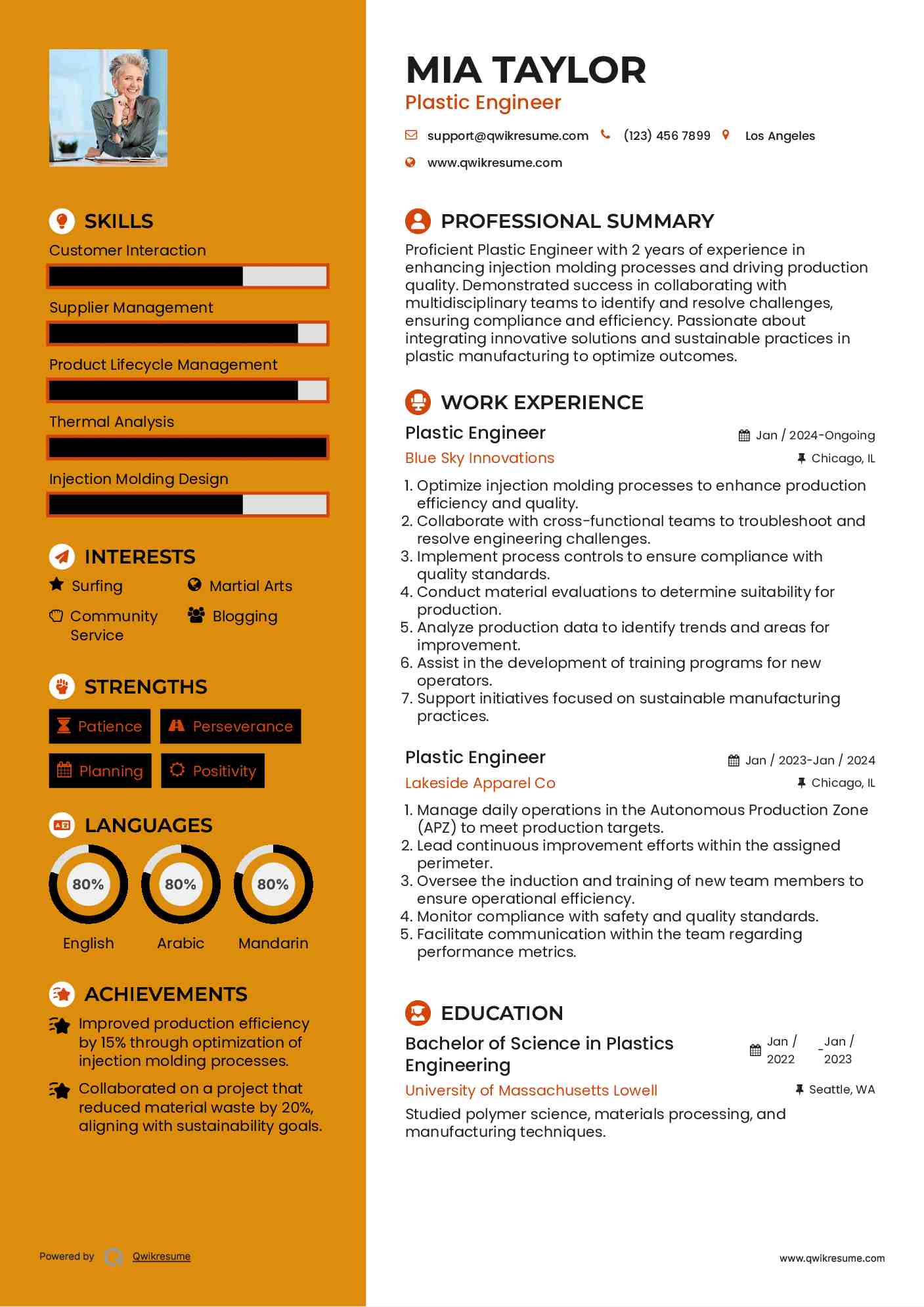 Plastic Engineer Resume Sample