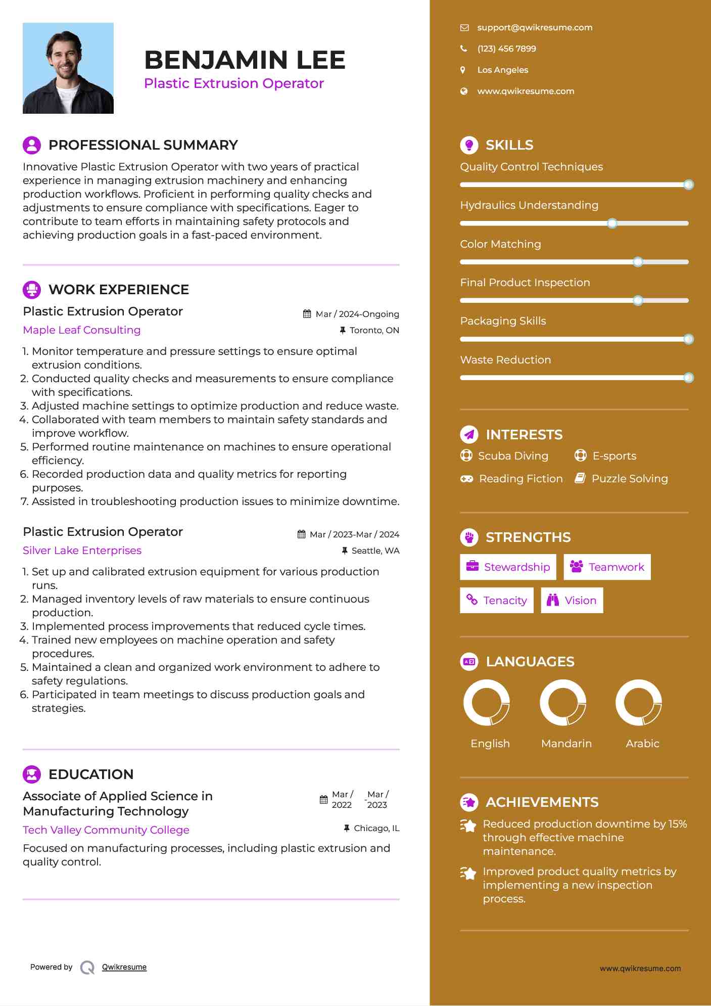 Plastic Extrusion Operator Resume Model