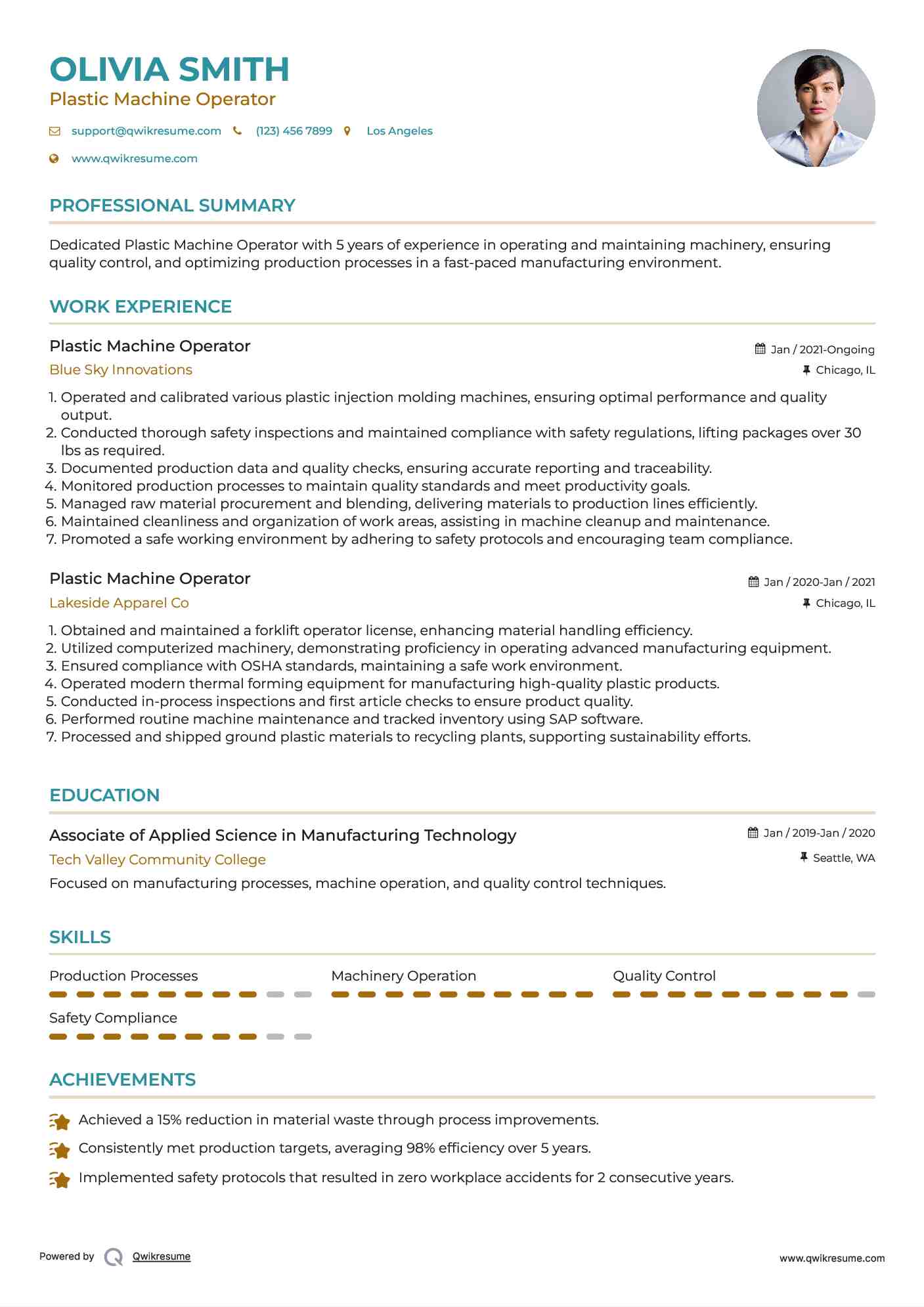 Plastic Machine Operator Resume Samples QwikResume