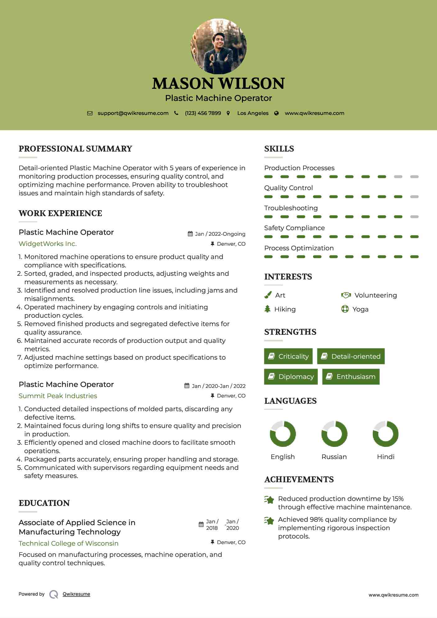 Plastic Machine Operator Resume Example