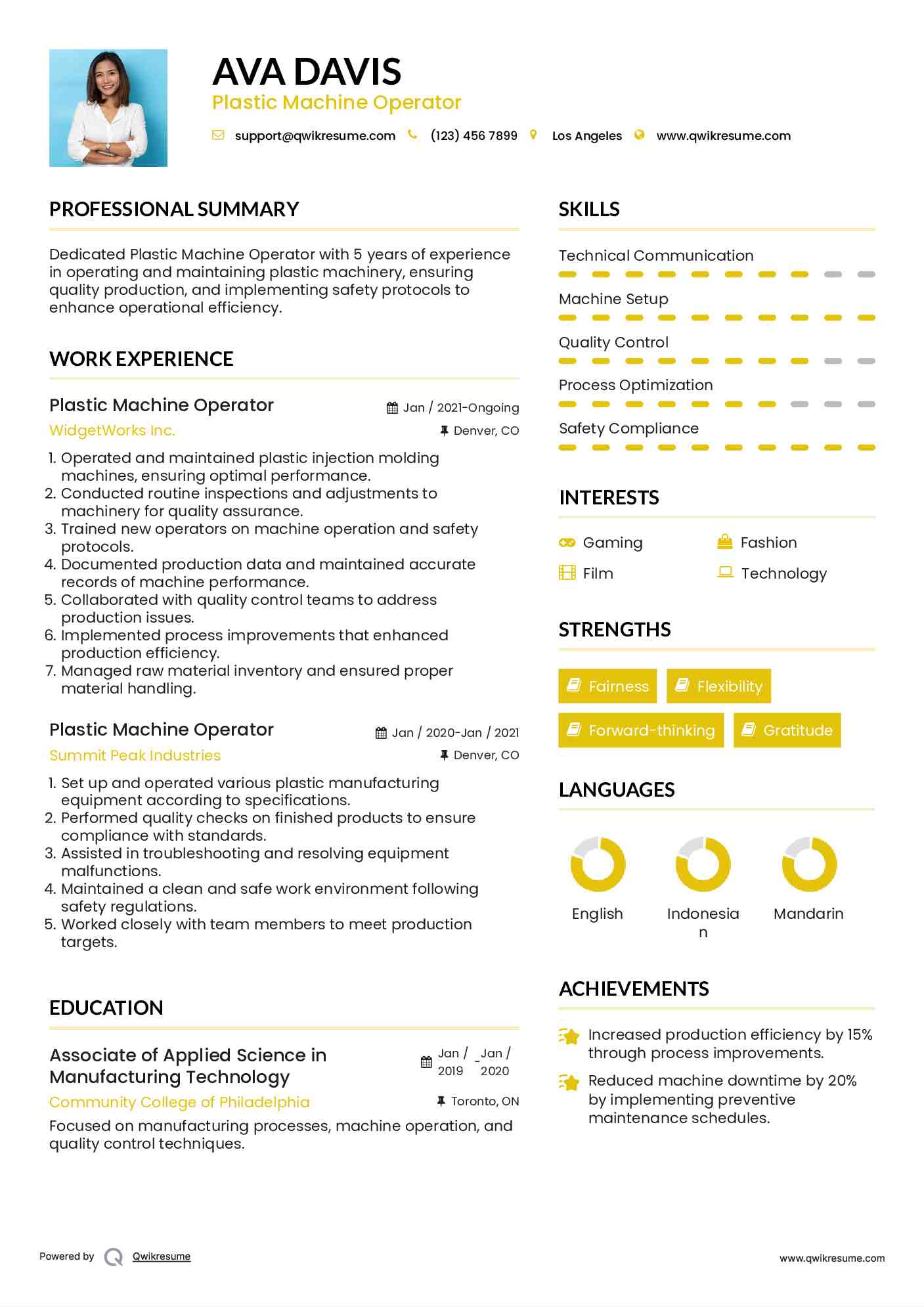 Plastic Machine Operator Resume Samples QwikResume