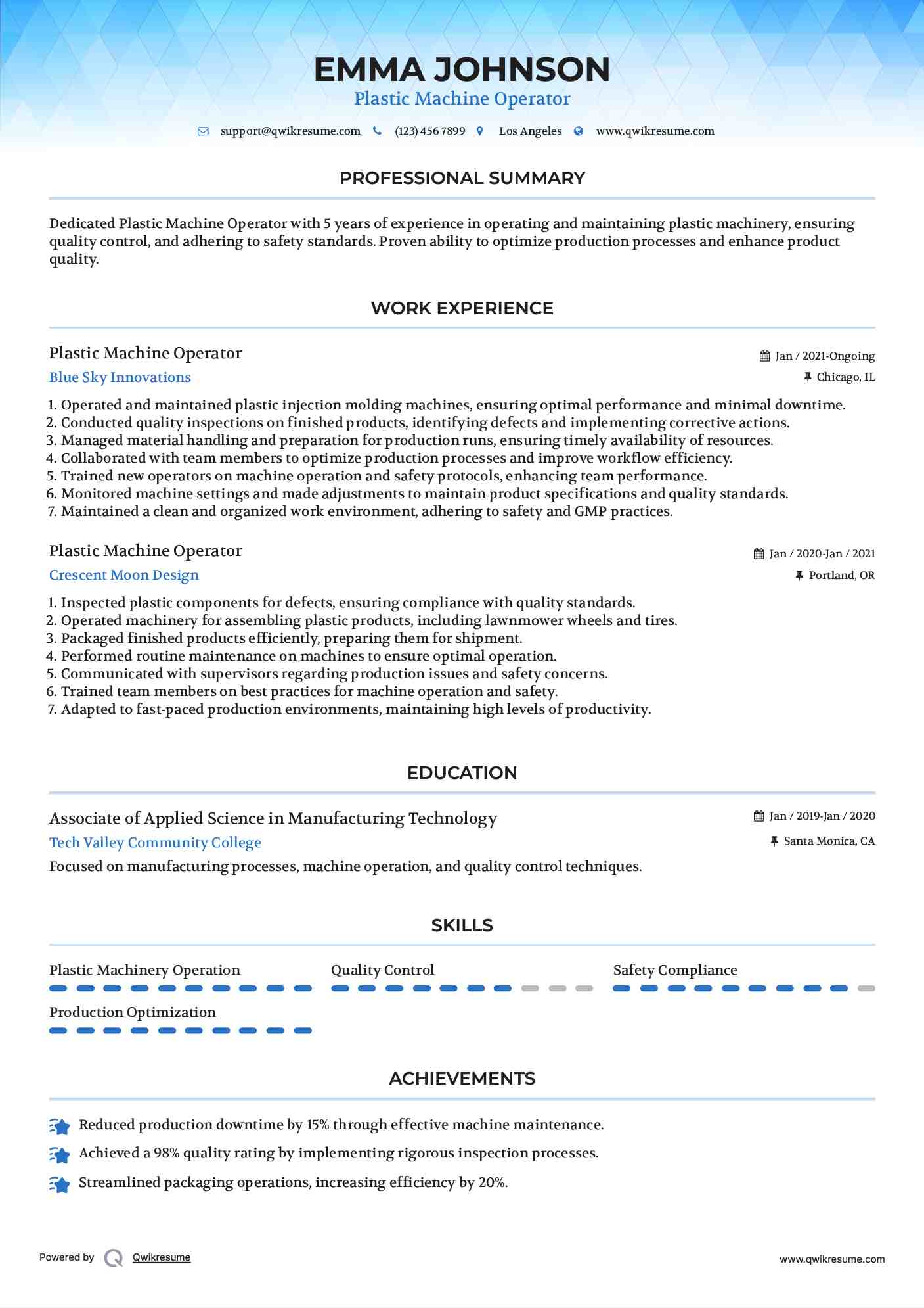 Plastic Machine Operator Resume Format
