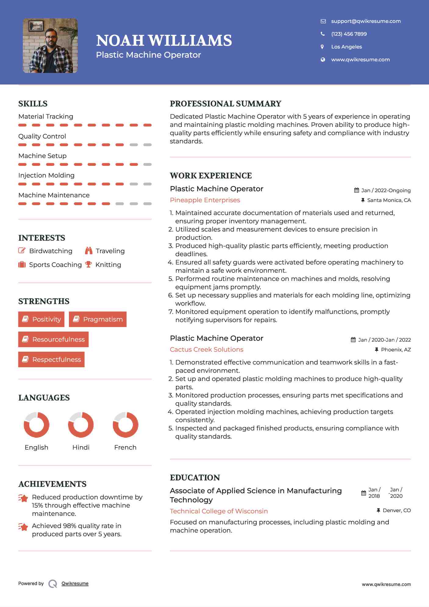Plastic Machine Operator Resume Samples QwikResume