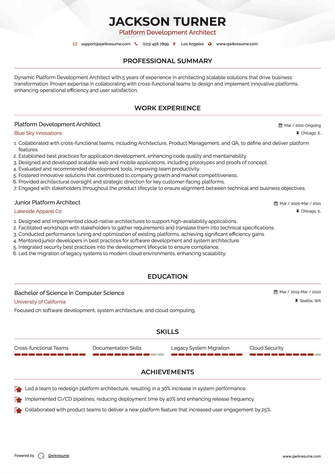 Platform Development Architect Resume Sample