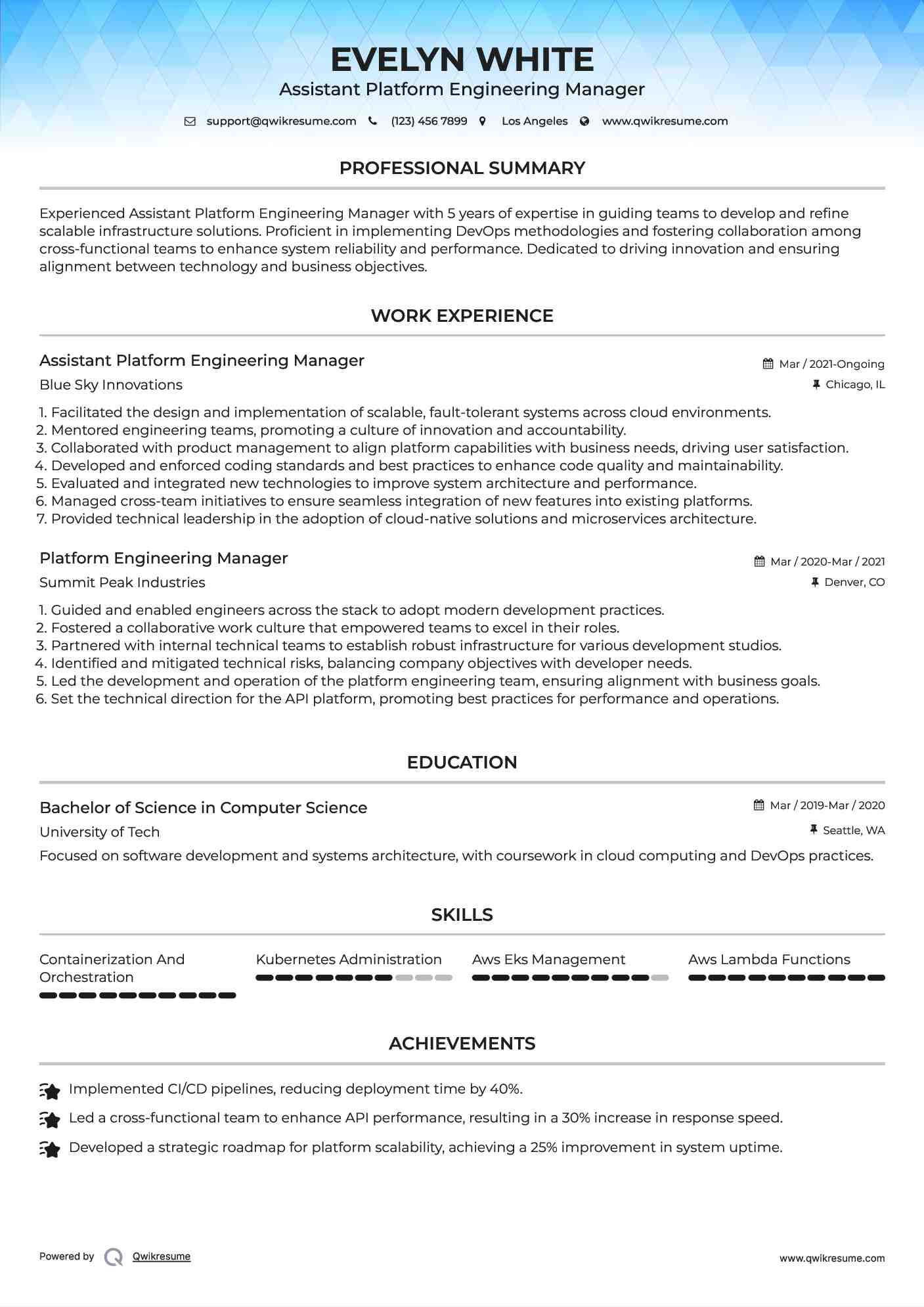 Assistant Platform Engineering Manager Resume Template