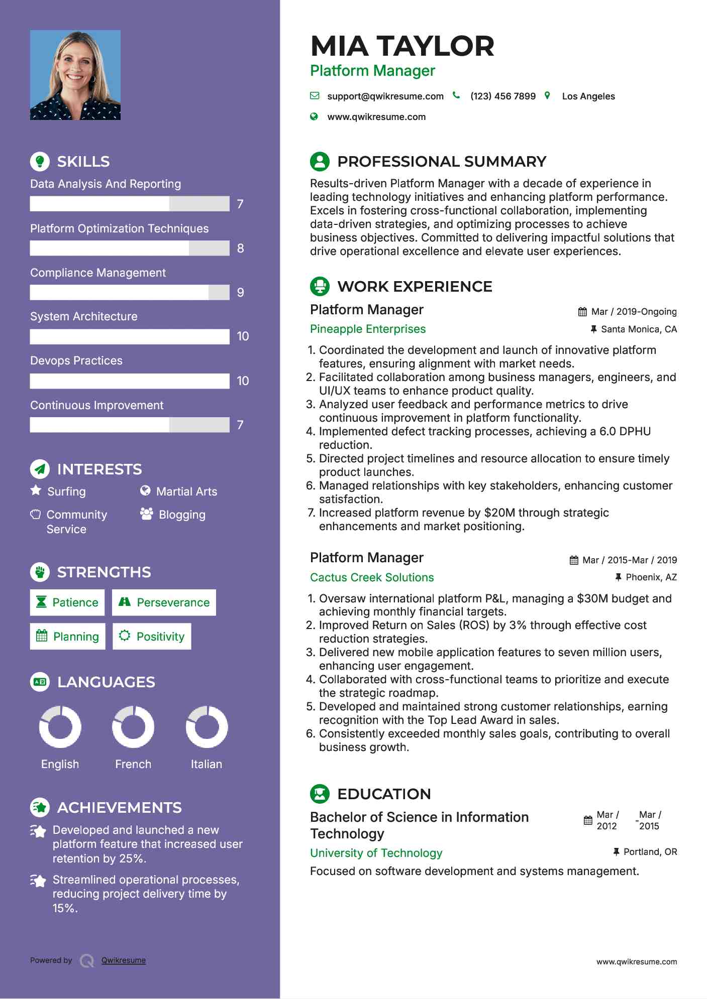Platform Manager Resume Template