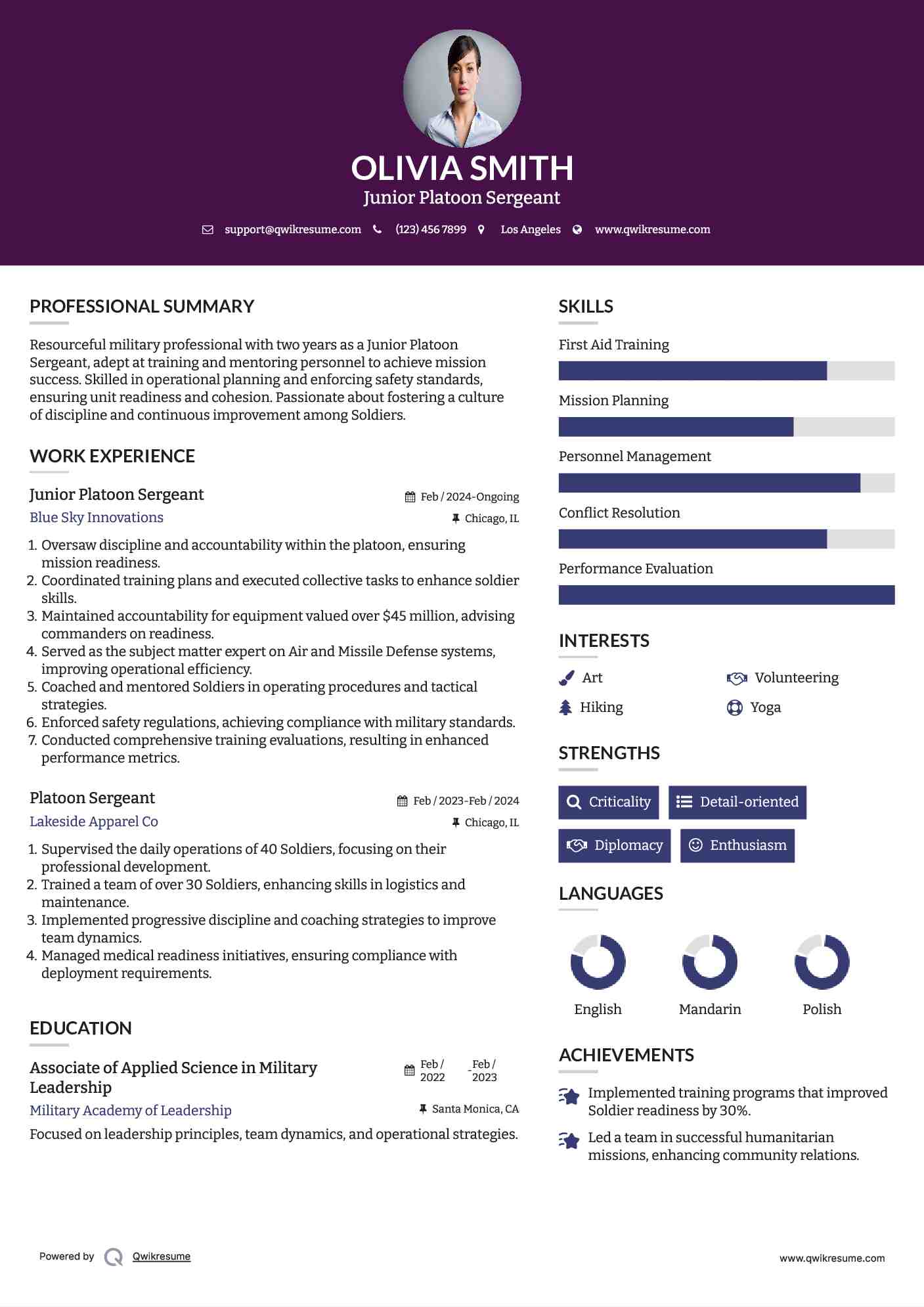 Junior Platoon Sergeant  Resume Model