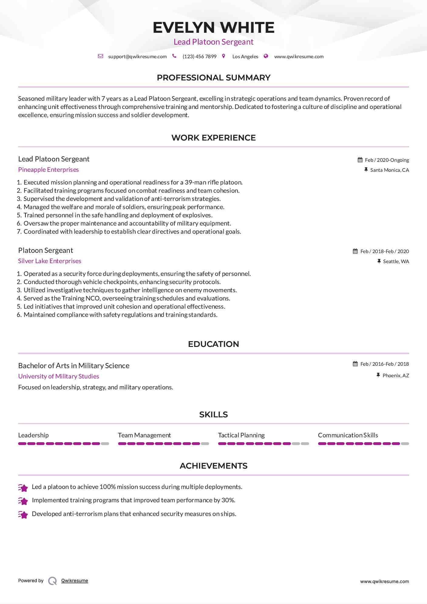 Lead Platoon Sergeant  Resume Template