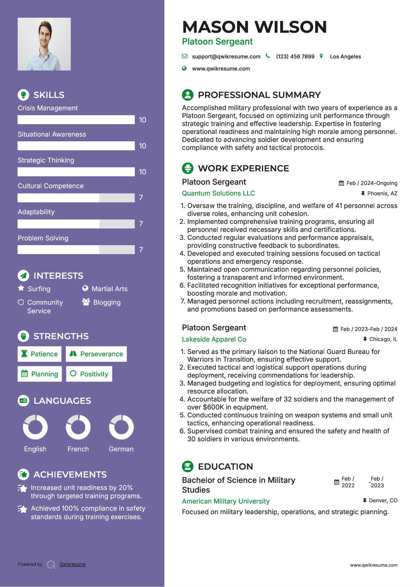 Platoon Sergeant Resume Example