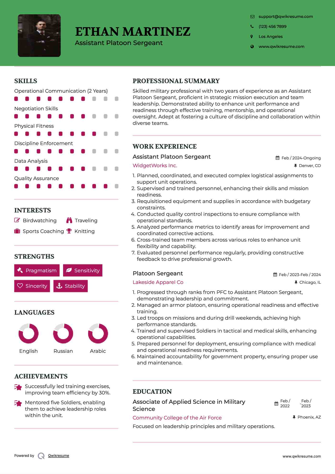 Assistant Platoon Sergeant  Resume Template