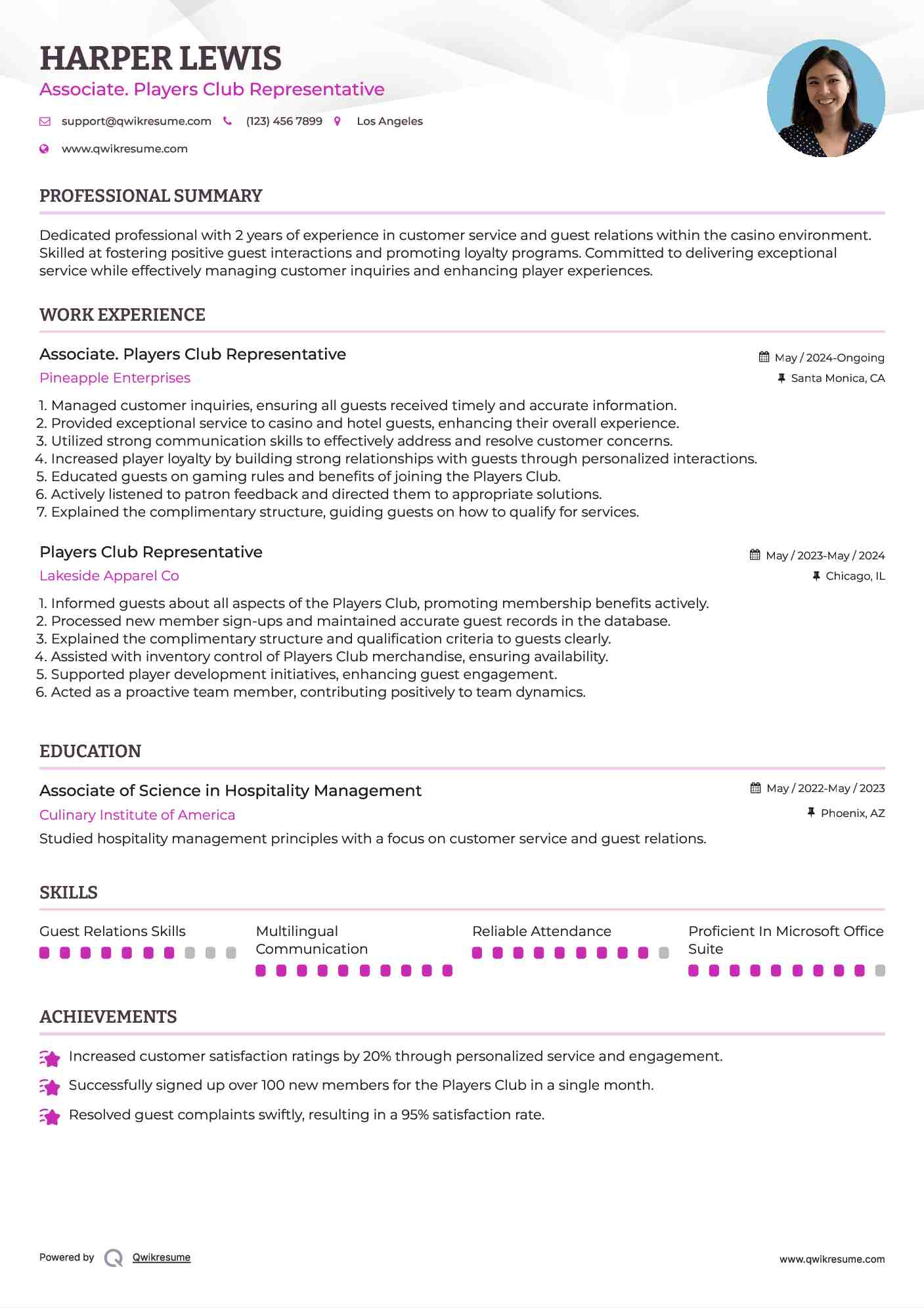 Associate. Players Club Representative Resume Template