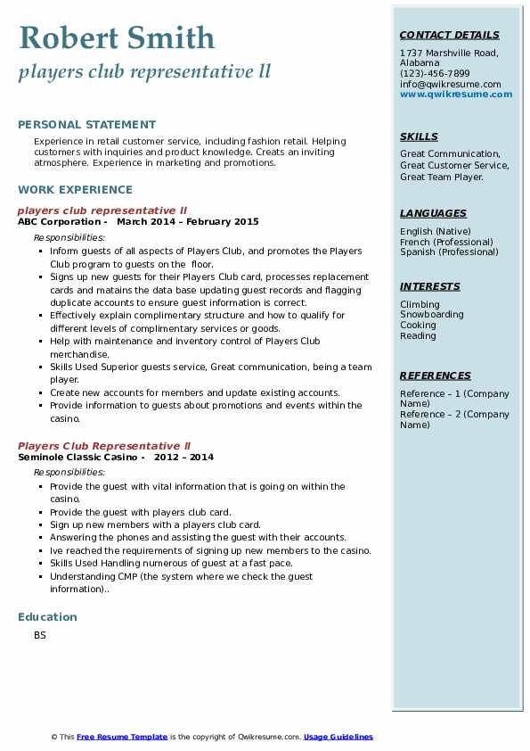 Players Club Representative Resume Samples QwikResume