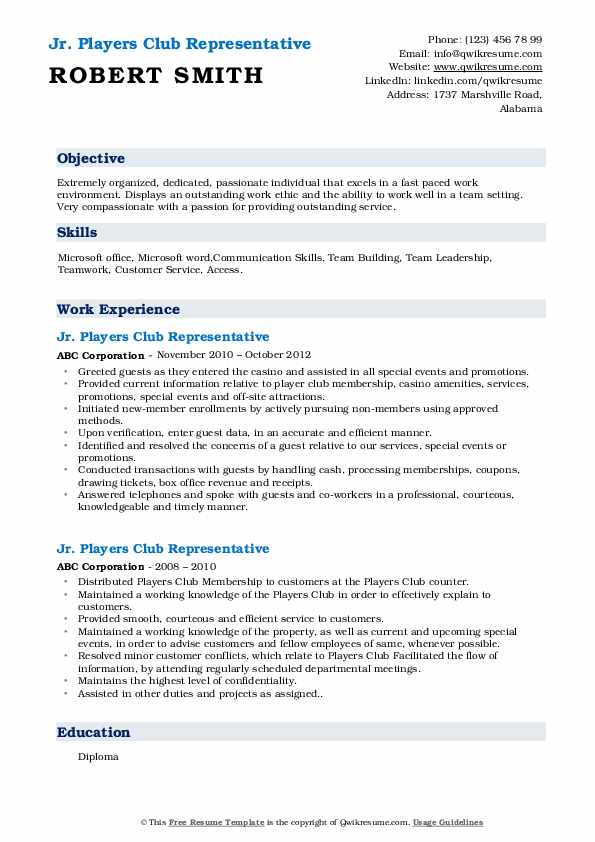 Players Club Representative Resume Samples QwikResume