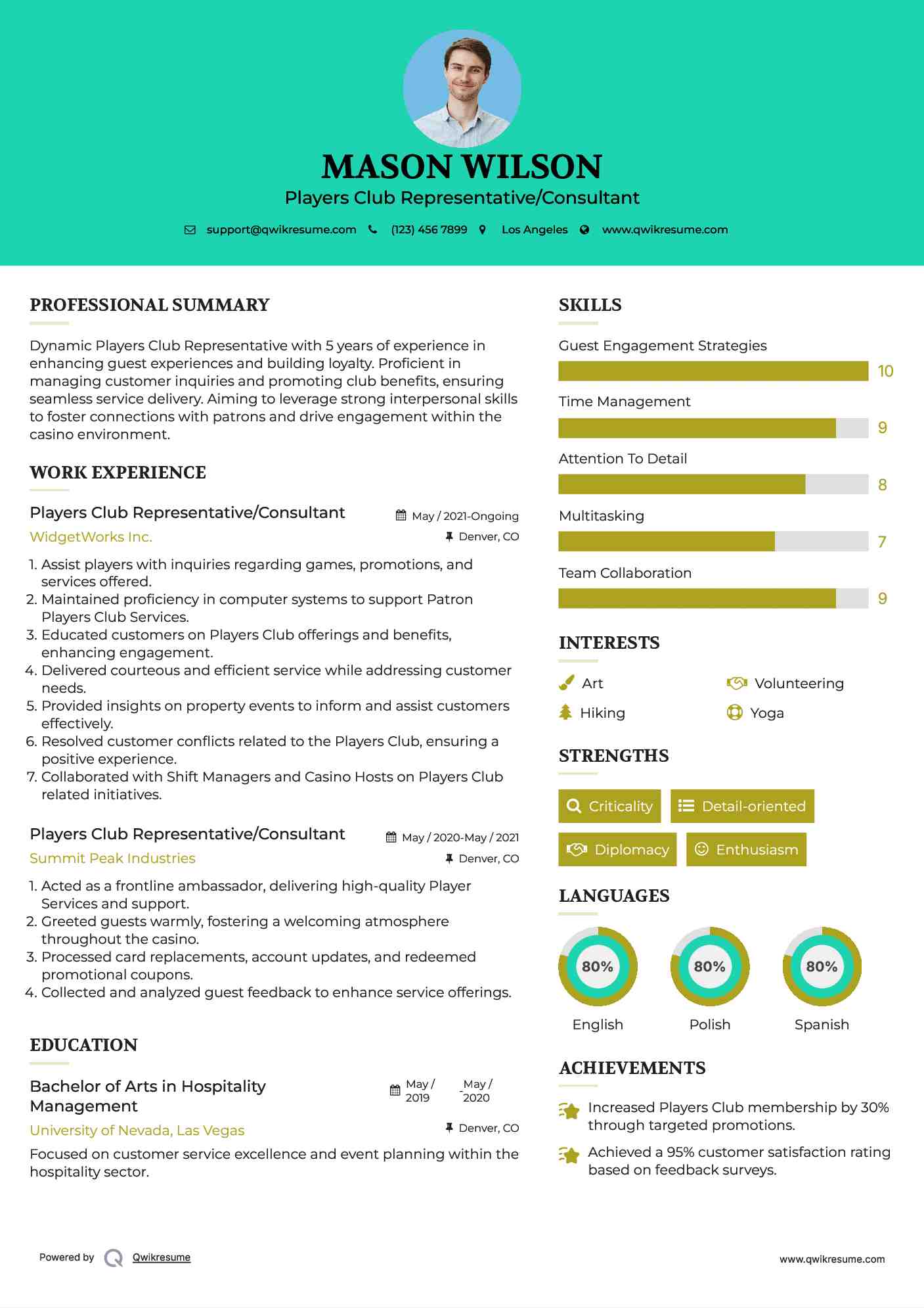 Players Club Representative/Consultant Resume Format