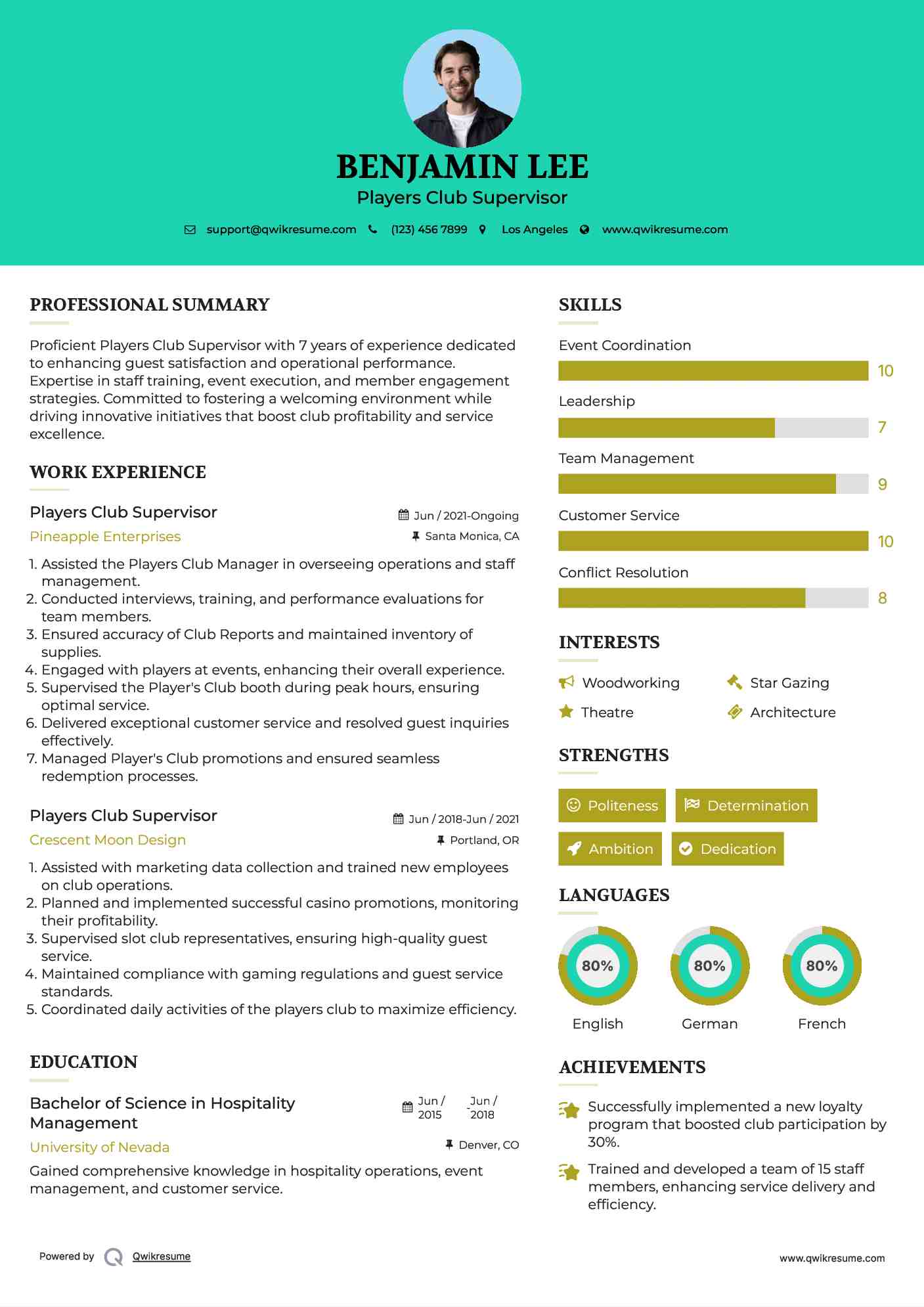 Players Club Supervisor Resume Sample