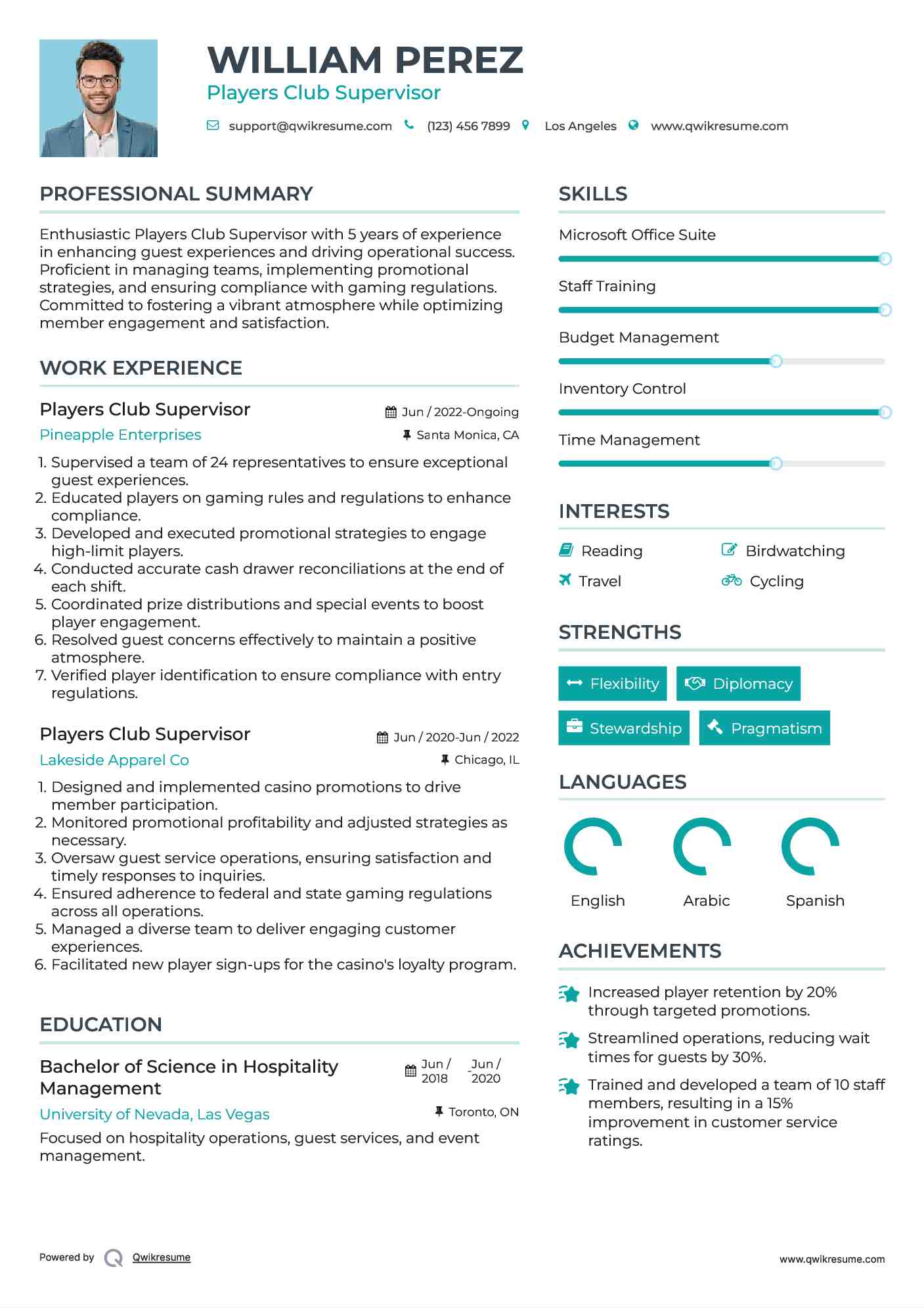 Players Club Supervisor Resume Sample