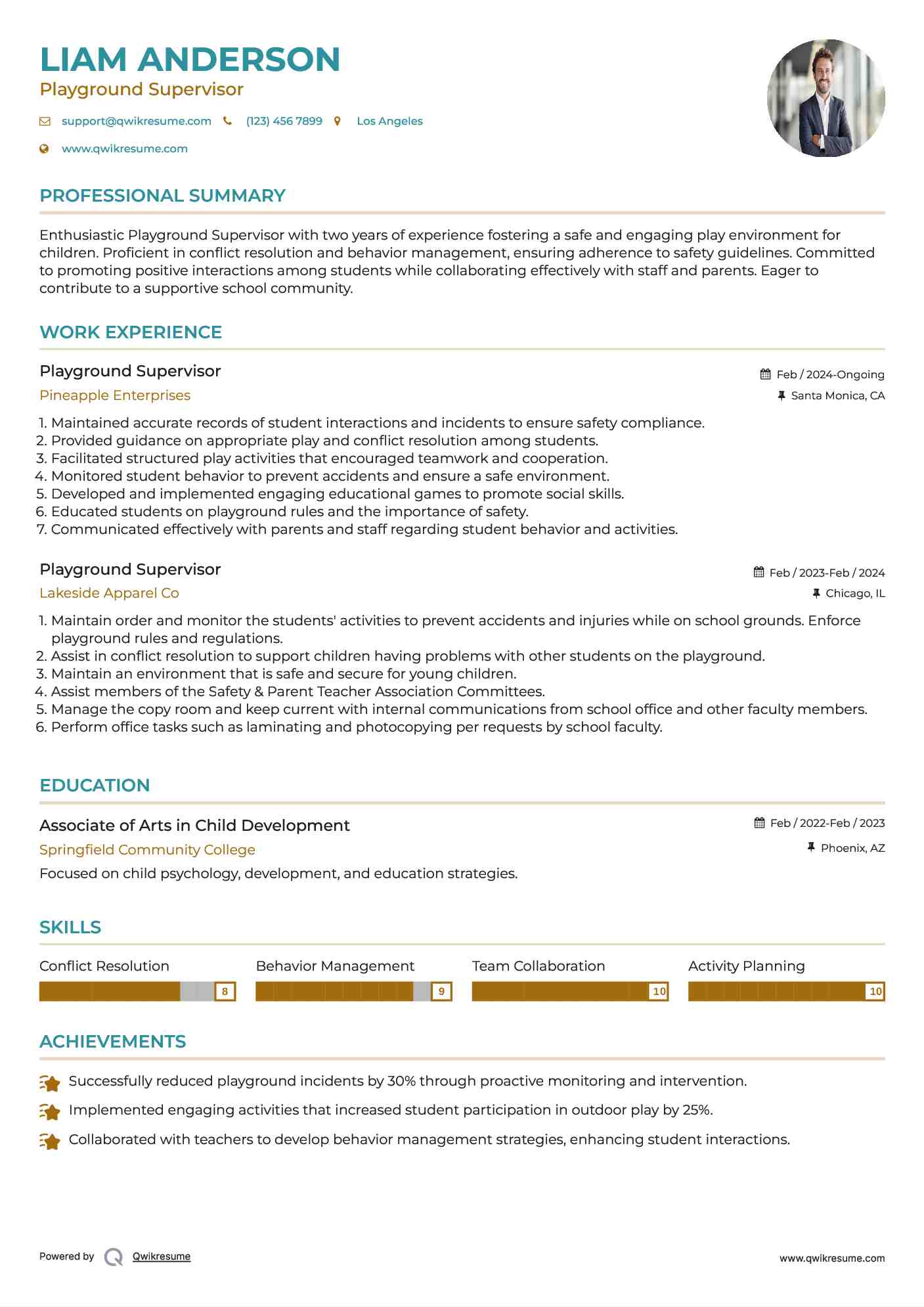 Playground Supervisor Resume Model