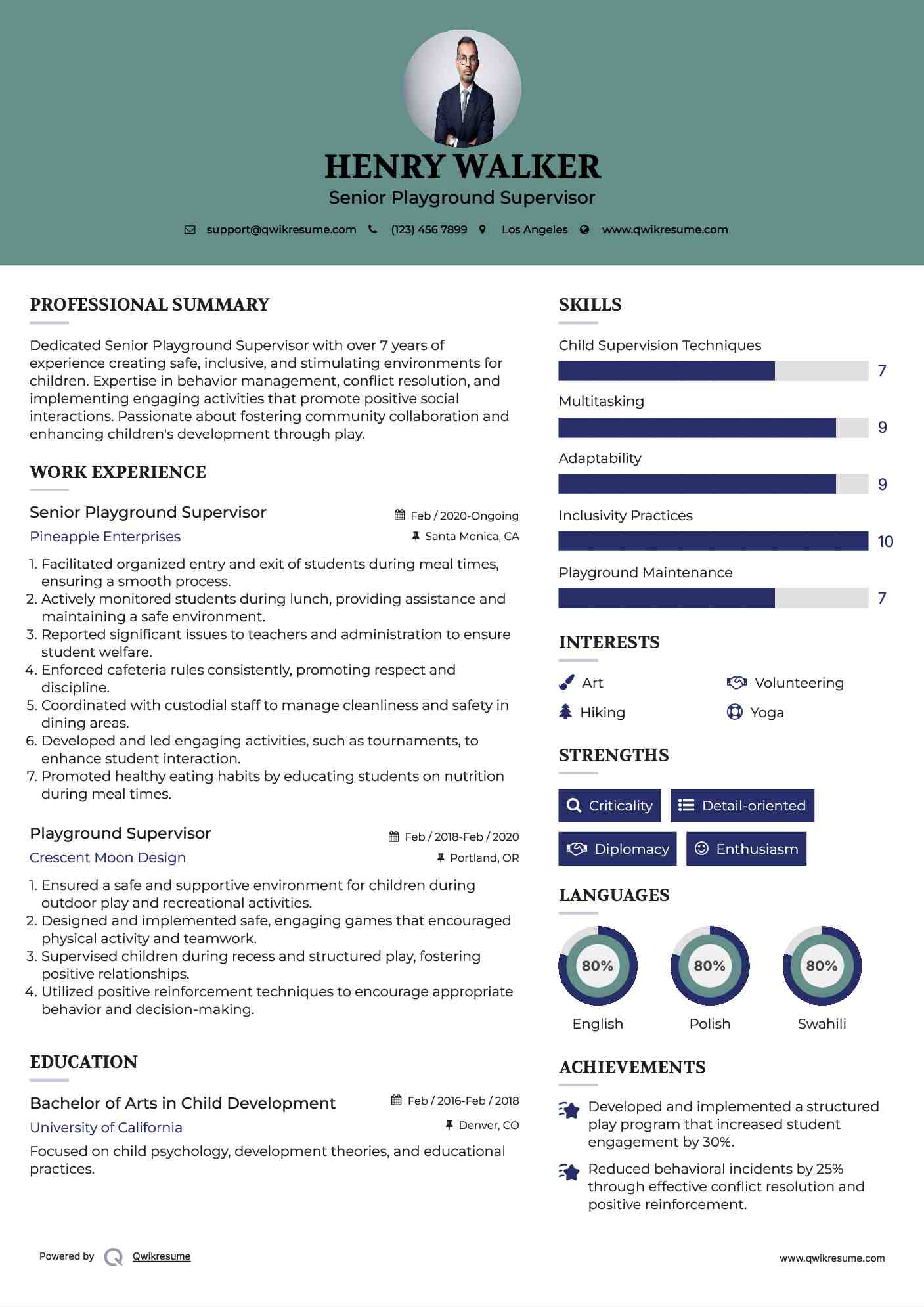 Senior Playground Supervisor Resume Template
